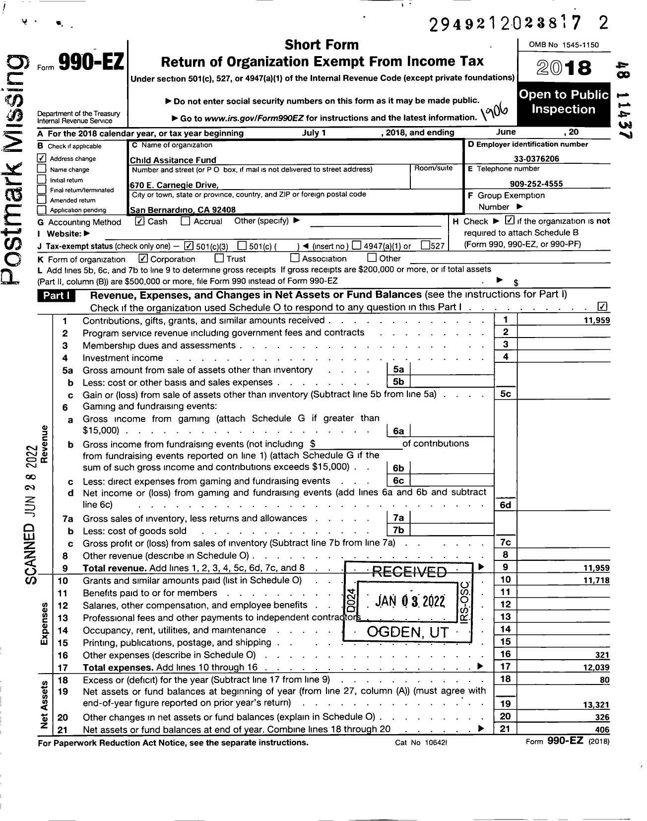 Image of first page of 2018 Form 990EZ for Child Assistance Fund of the San Bernardino Co-Super of Schools