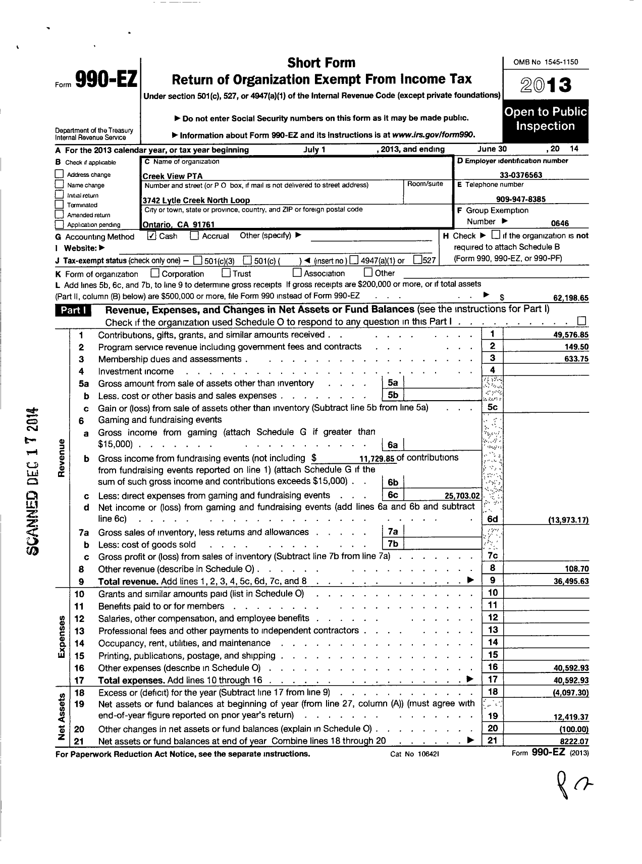 Image of first page of 2013 Form 990EO for California State PTA - Creek View Elementary PTA