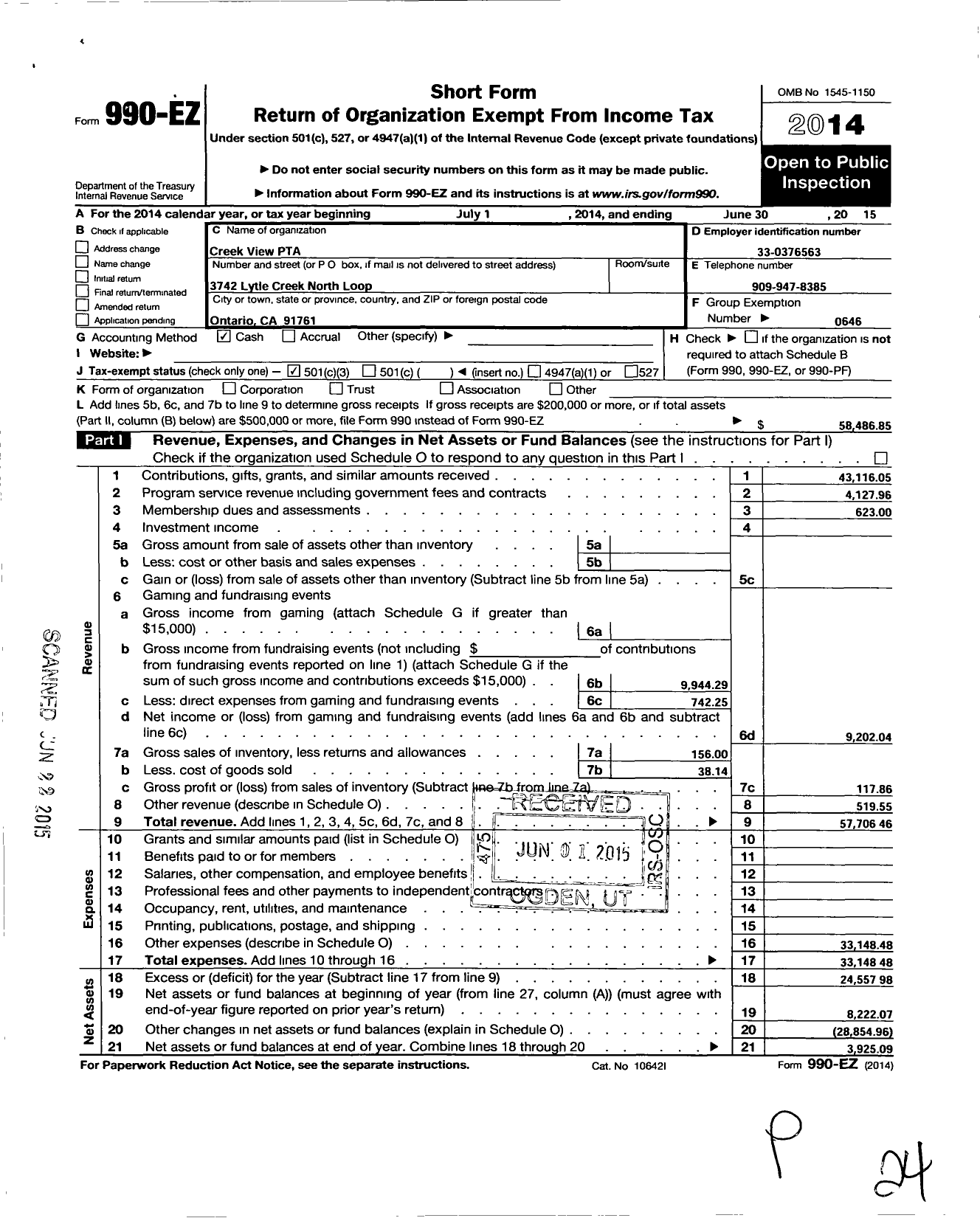 Image of first page of 2014 Form 990EZ for California State PTA - Creek View Elementary PTA