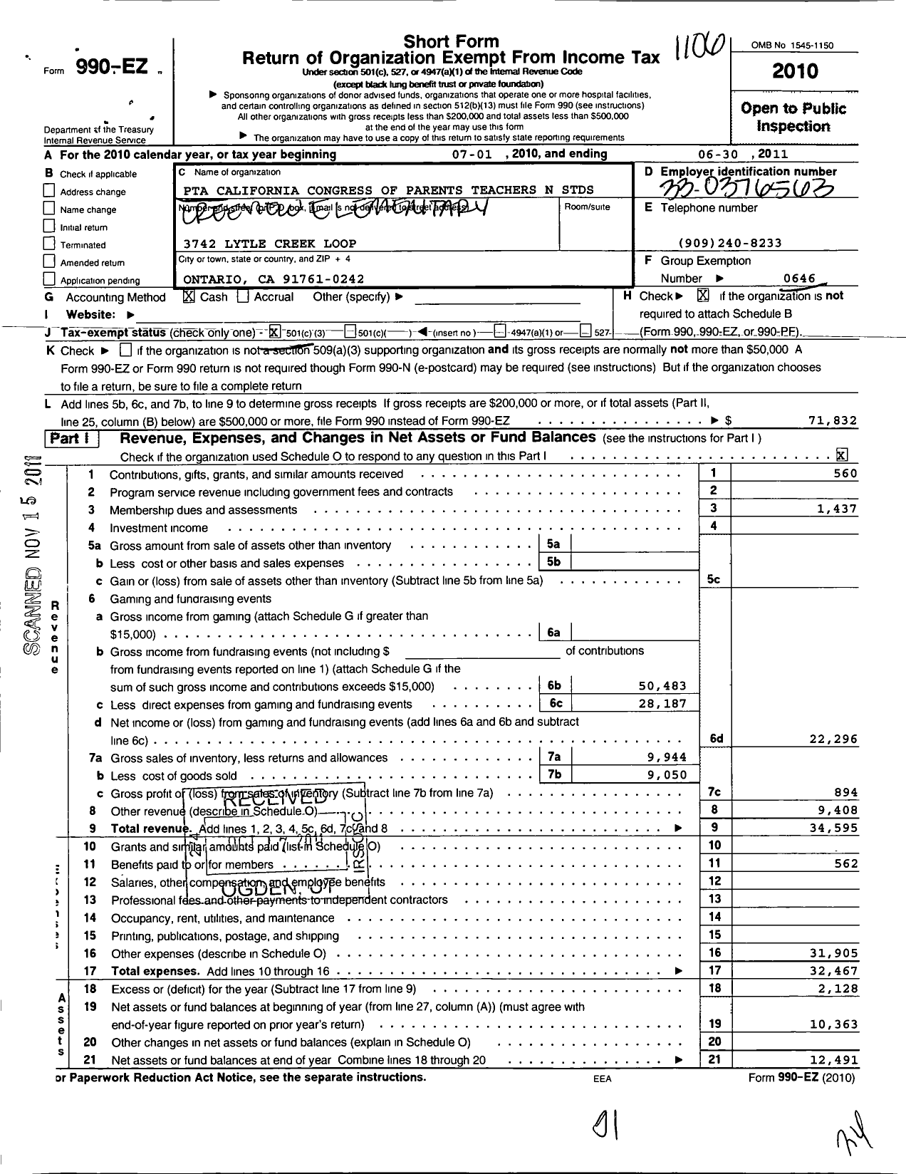 Image of first page of 2010 Form 990EZ for California State PTA - Creek View Elementary PTA