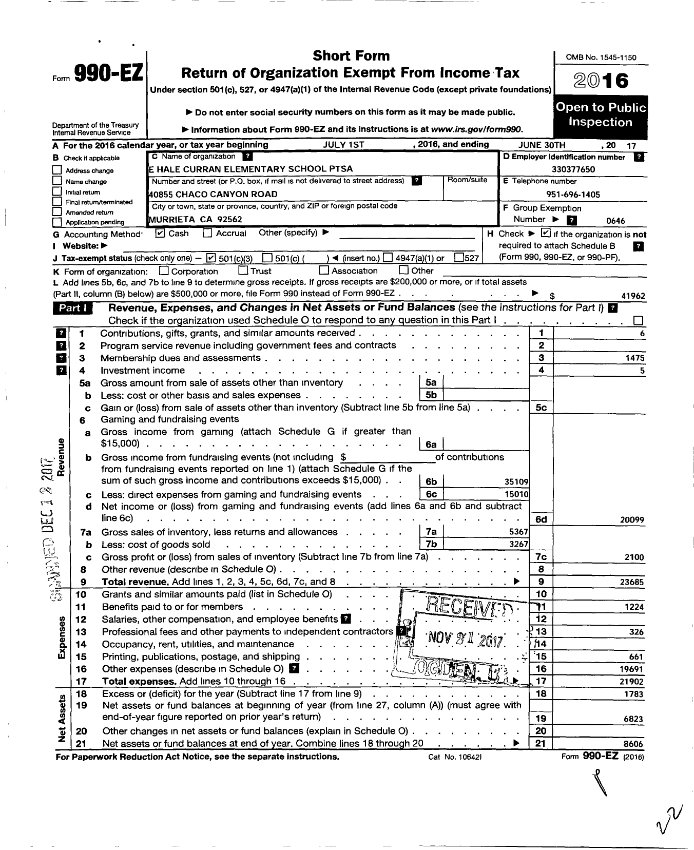 Image of first page of 2016 Form 990EZ for California State PTA - E Hale Curran Elementary PTA