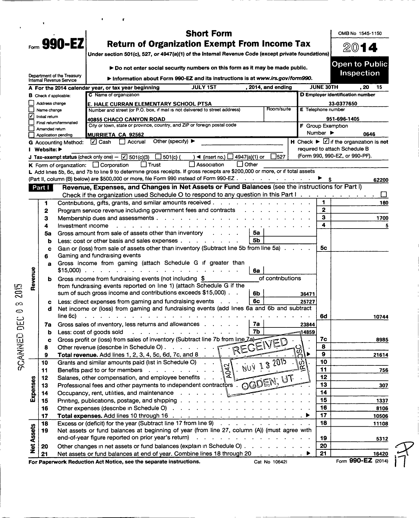 Image of first page of 2014 Form 990EZ for California State PTA - E Hale Curran Elementary PTA