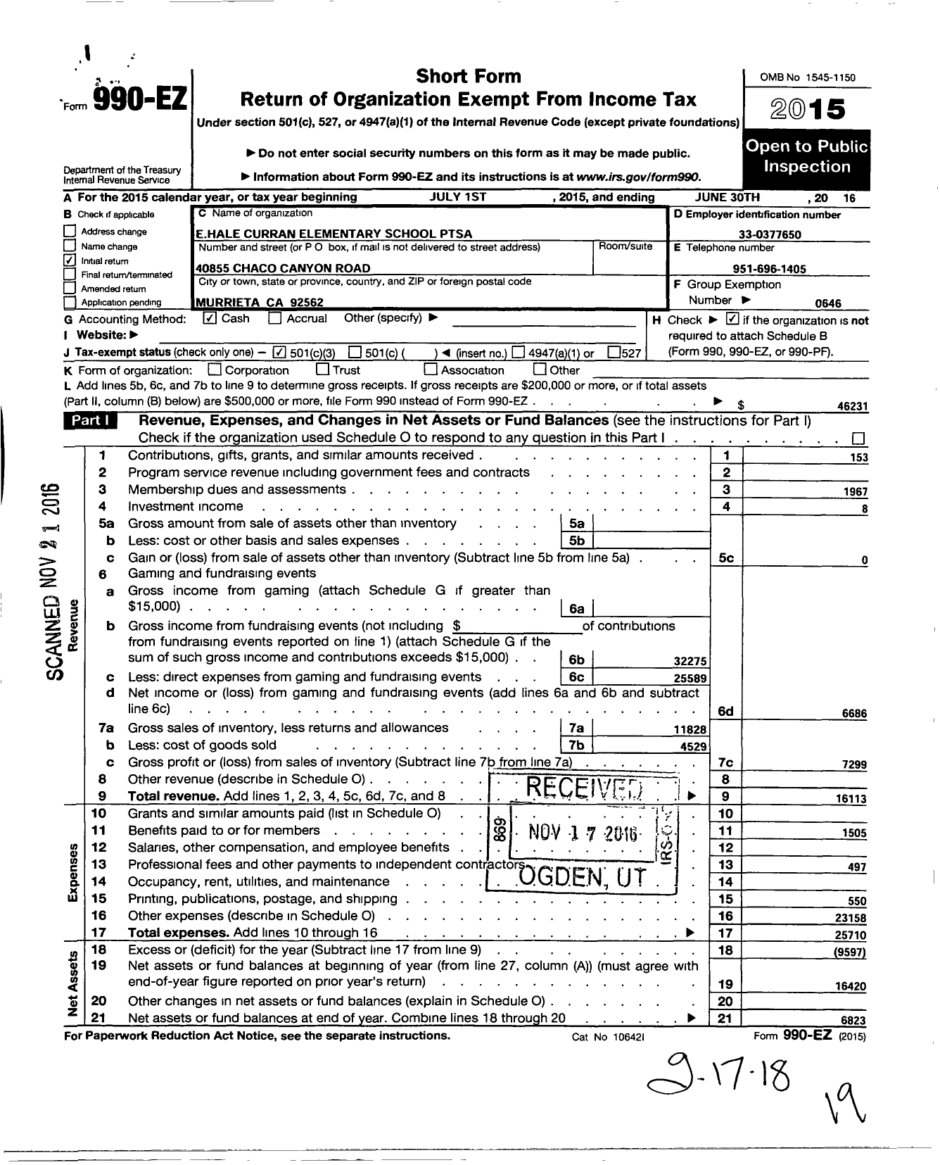 Image of first page of 2015 Form 990EZ for California State PTA - E Hale Curran Elementary PTA