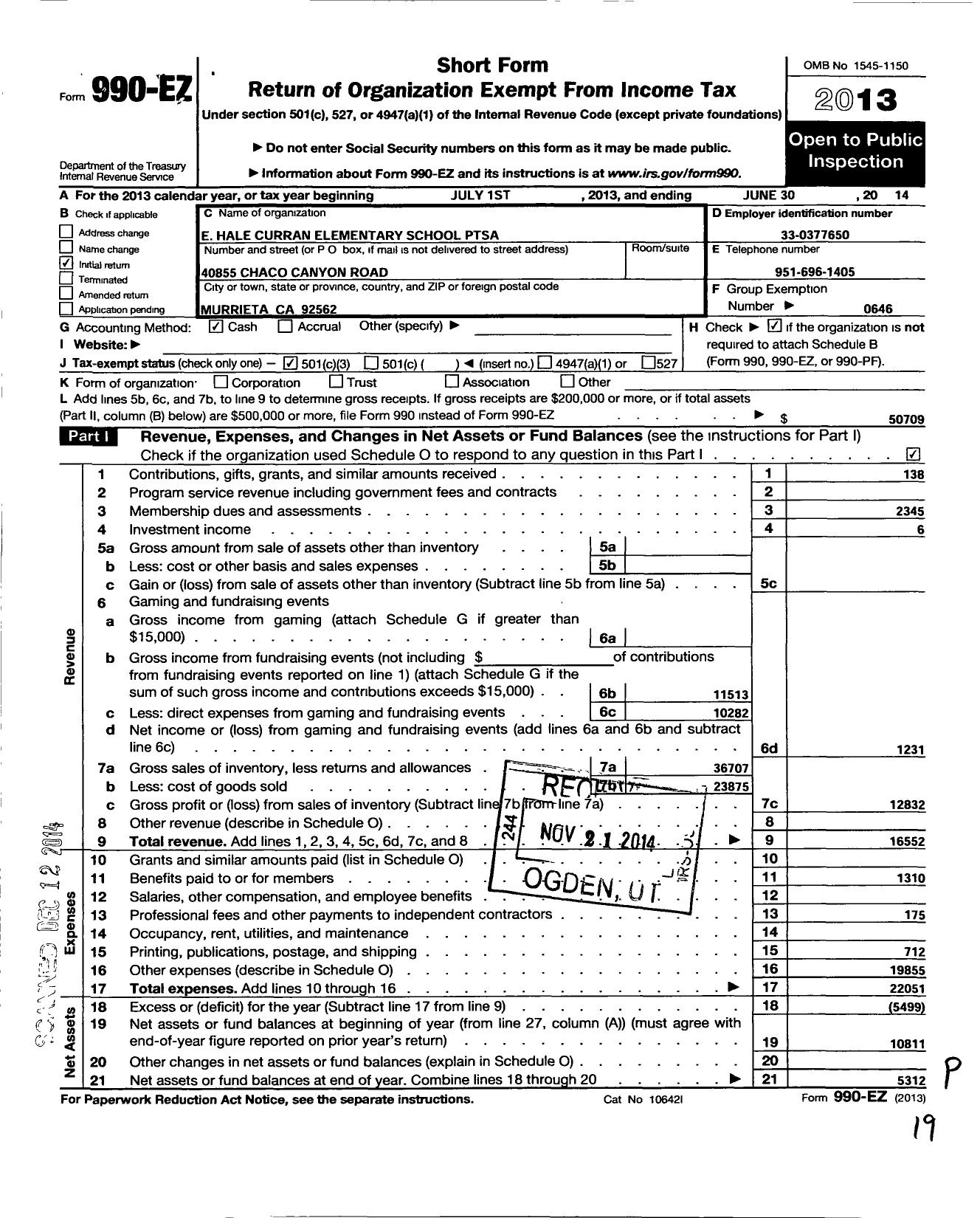 Image of first page of 2013 Form 990EZ for California State PTA - E Hale Curran Elementary PTA