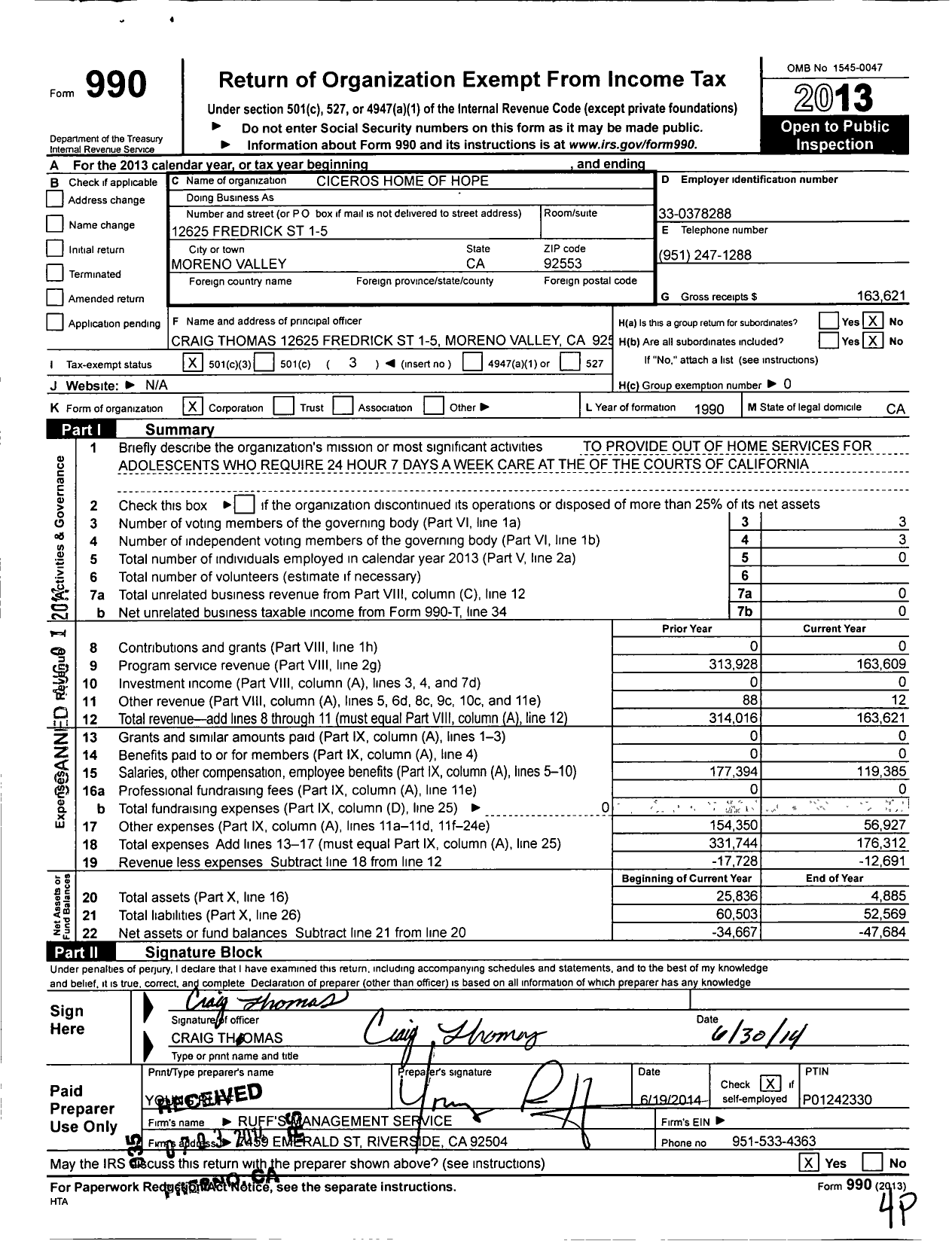 Image of first page of 2013 Form 990 for Ciceros House of Plenty Enrichment Center