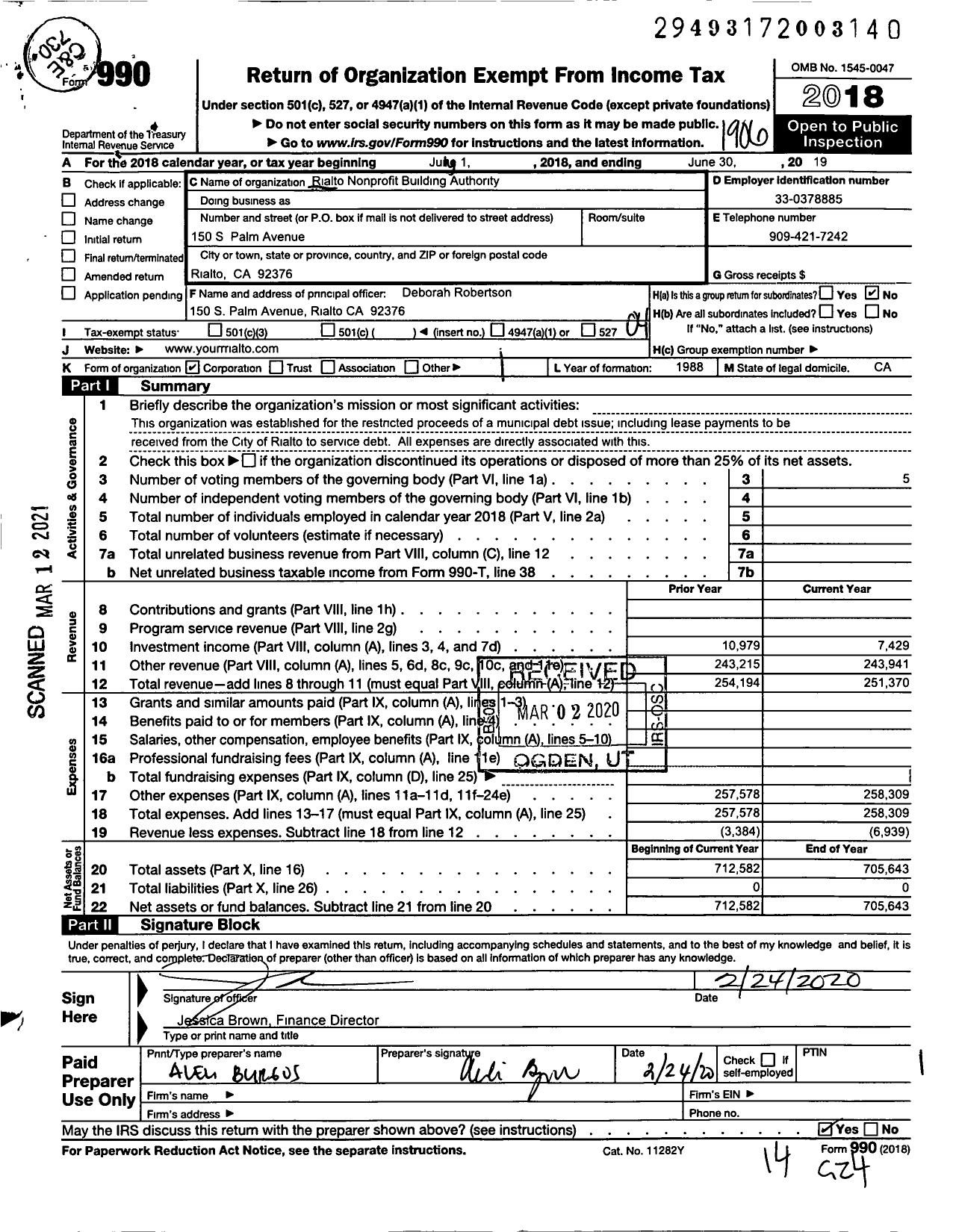 Image of first page of 2018 Form 990O for Rialto Nonprofit Building Authority