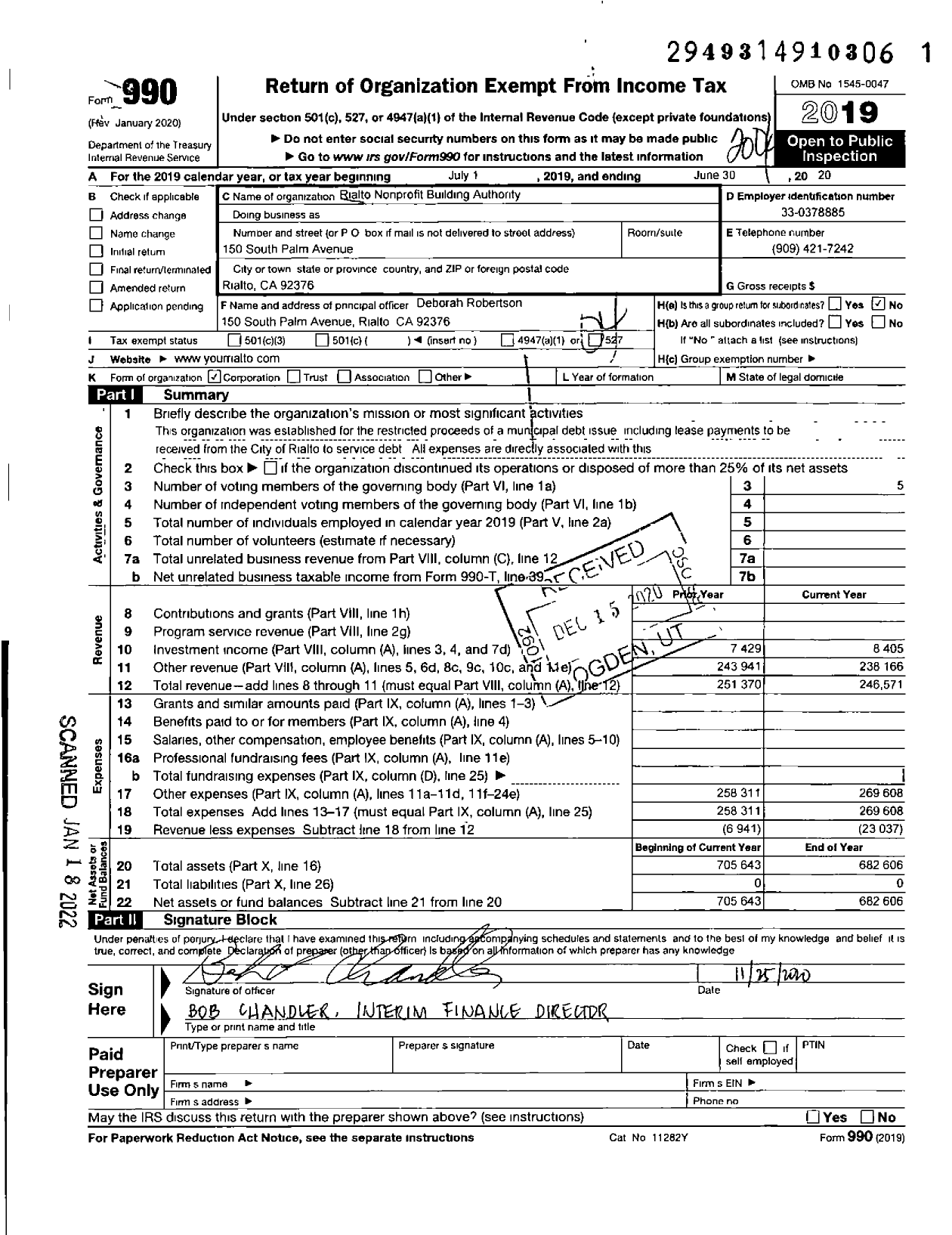 Image of first page of 2019 Form 990O for Rialto Nonprofit Building Authority