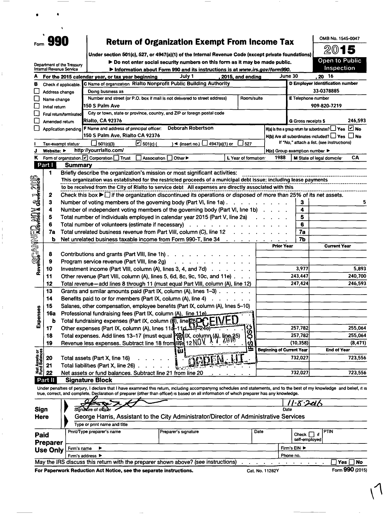 Image of first page of 2015 Form 990O for Rialto Nonprofit Building Authority