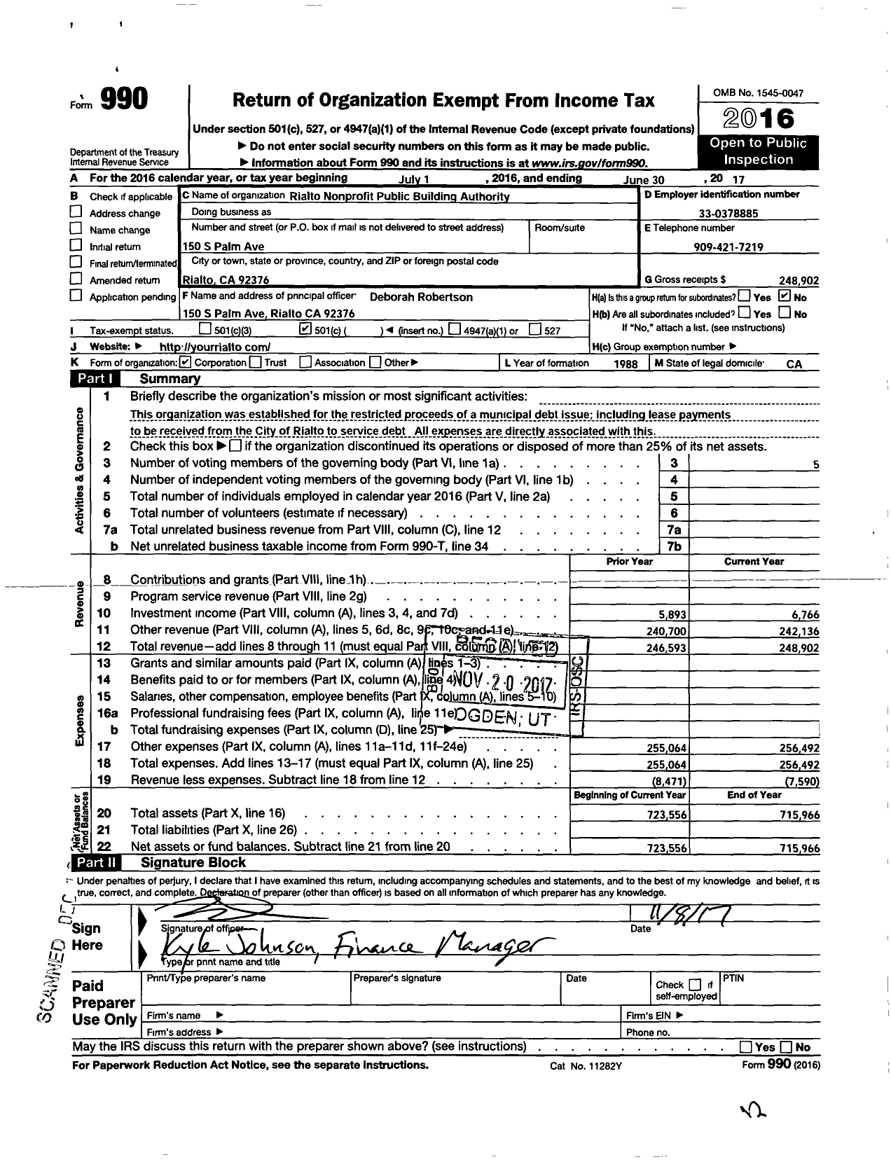 Image of first page of 2016 Form 990O for Rialto Nonprofit Building Authority