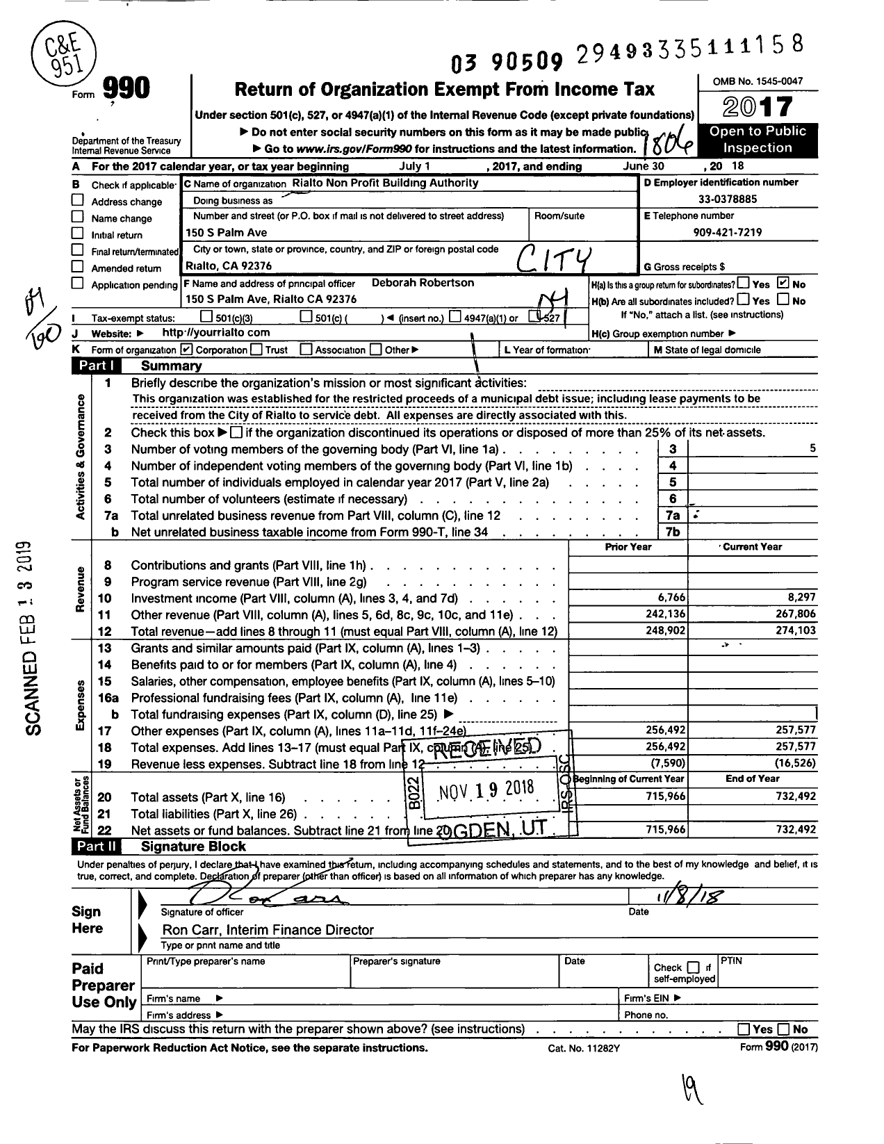 Image of first page of 2017 Form 990O for Rialto Nonprofit Building Authority