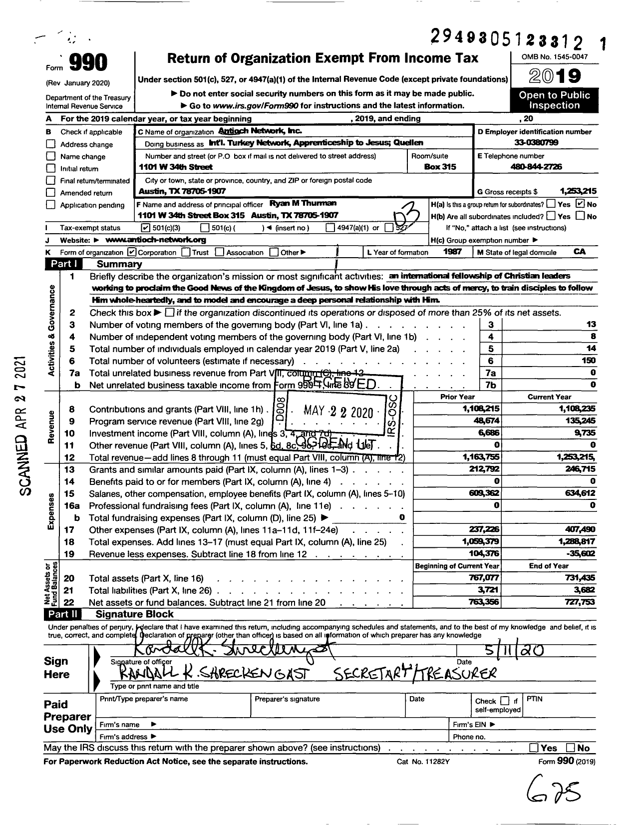 Image of first page of 2019 Form 990 for Apprenticeship to Jesus International Turkey Network / Quellen