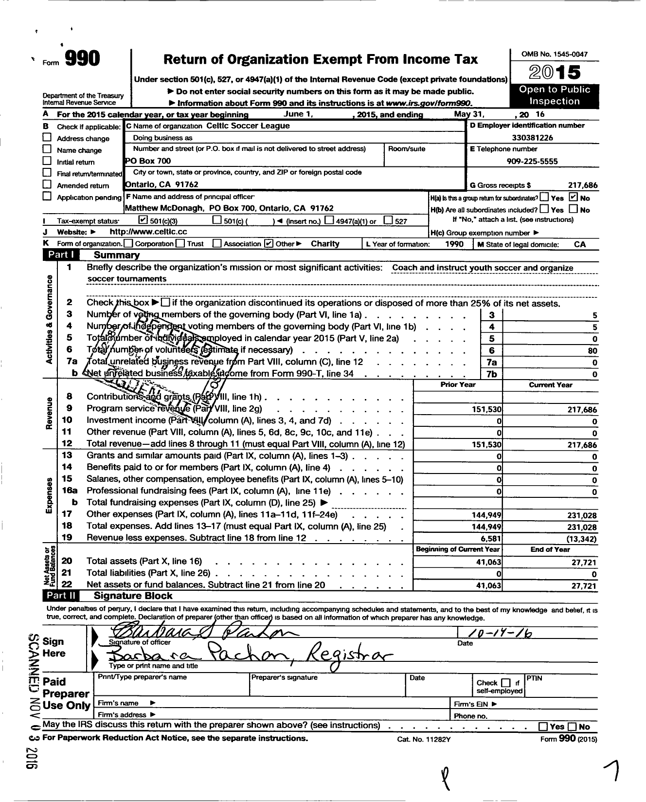 Image of first page of 2015 Form 990 for Celtic Soccer League