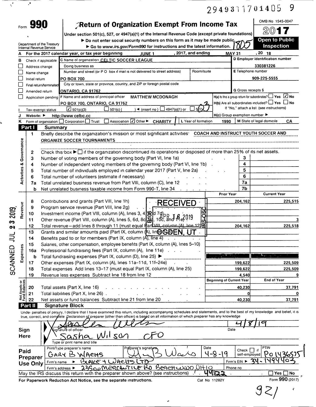 Image of first page of 2017 Form 990 for Celtic Soccer League