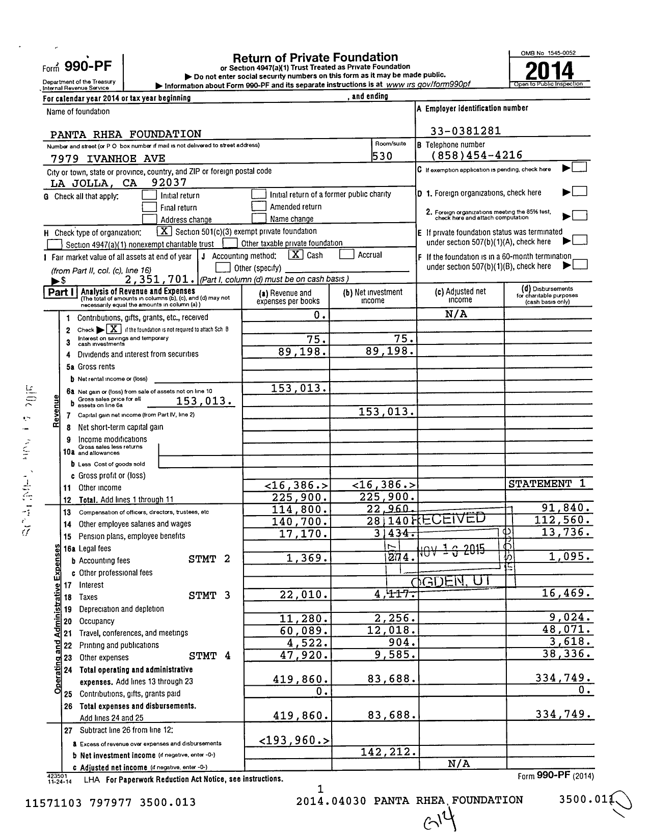 Image of first page of 2014 Form 990PF for Panta Rhea Foundation