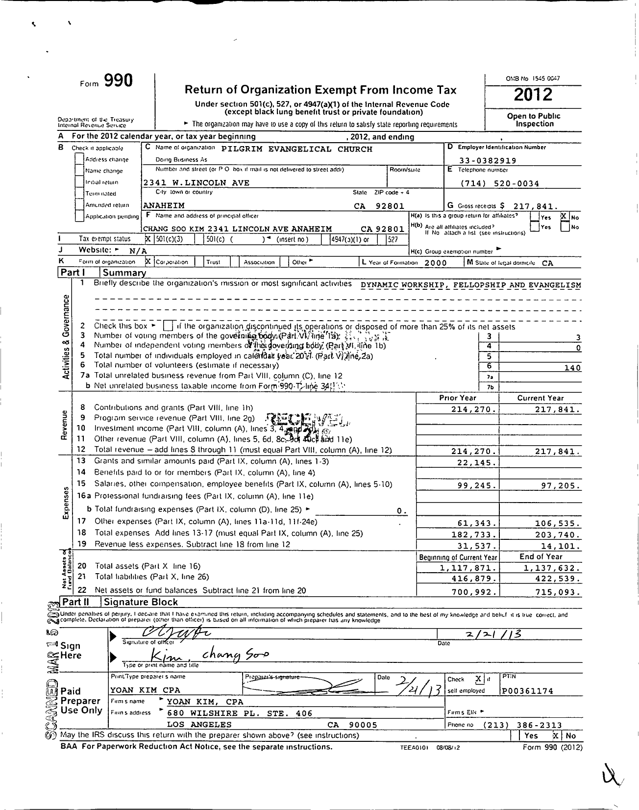 Image of first page of 2012 Form 990 for Pilgrim Evangelical Church