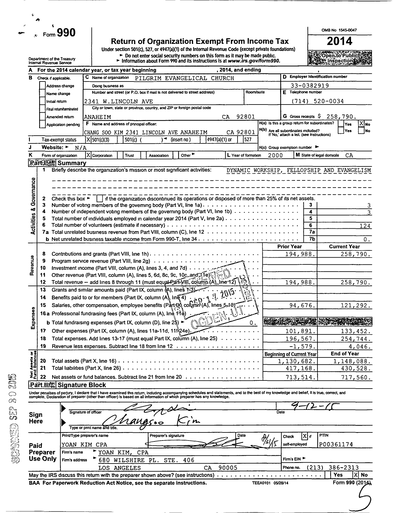 Image of first page of 2014 Form 990 for Pilgrim Evangelical Church