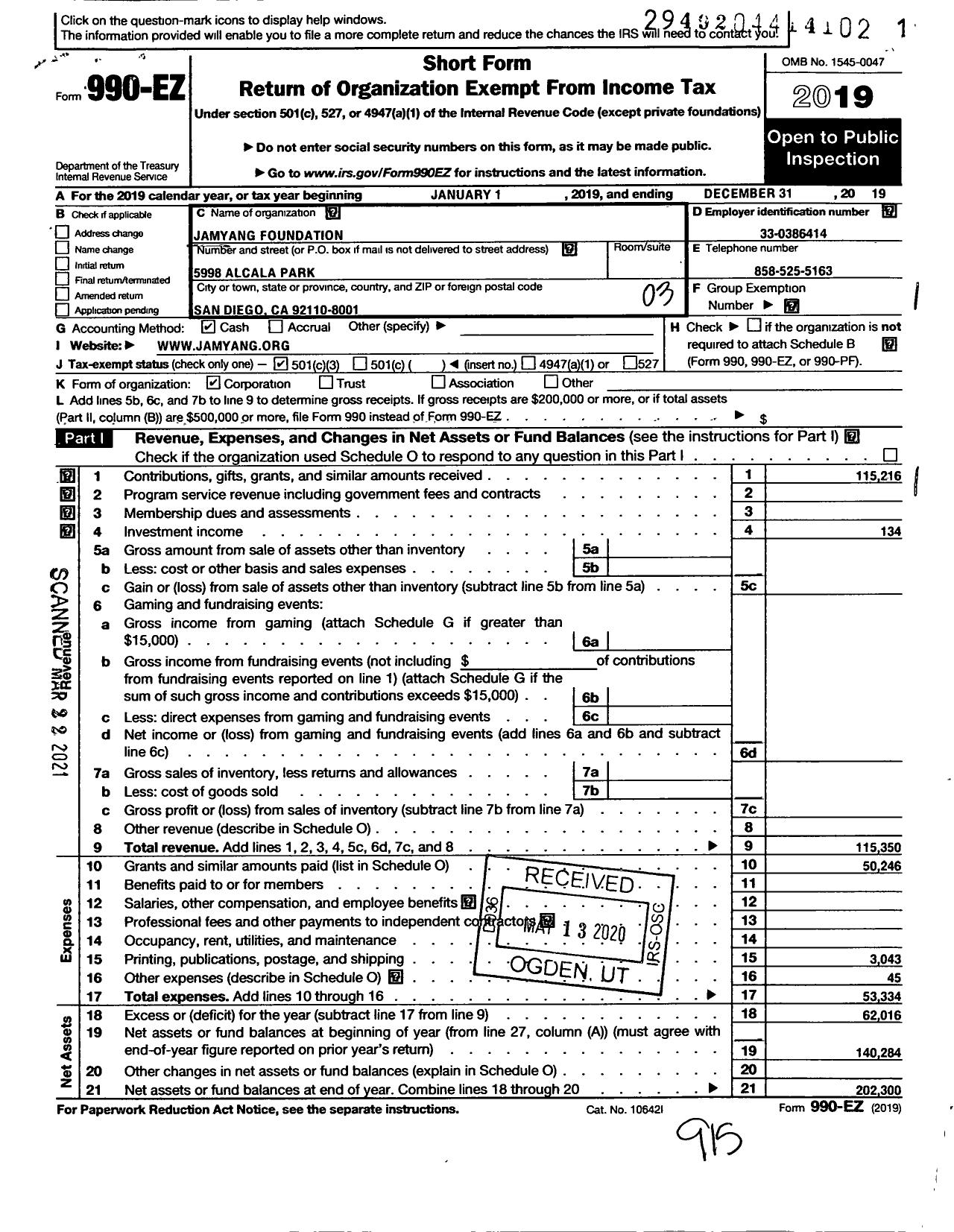 Image of first page of 2019 Form 990EZ for Jamyang Foundation