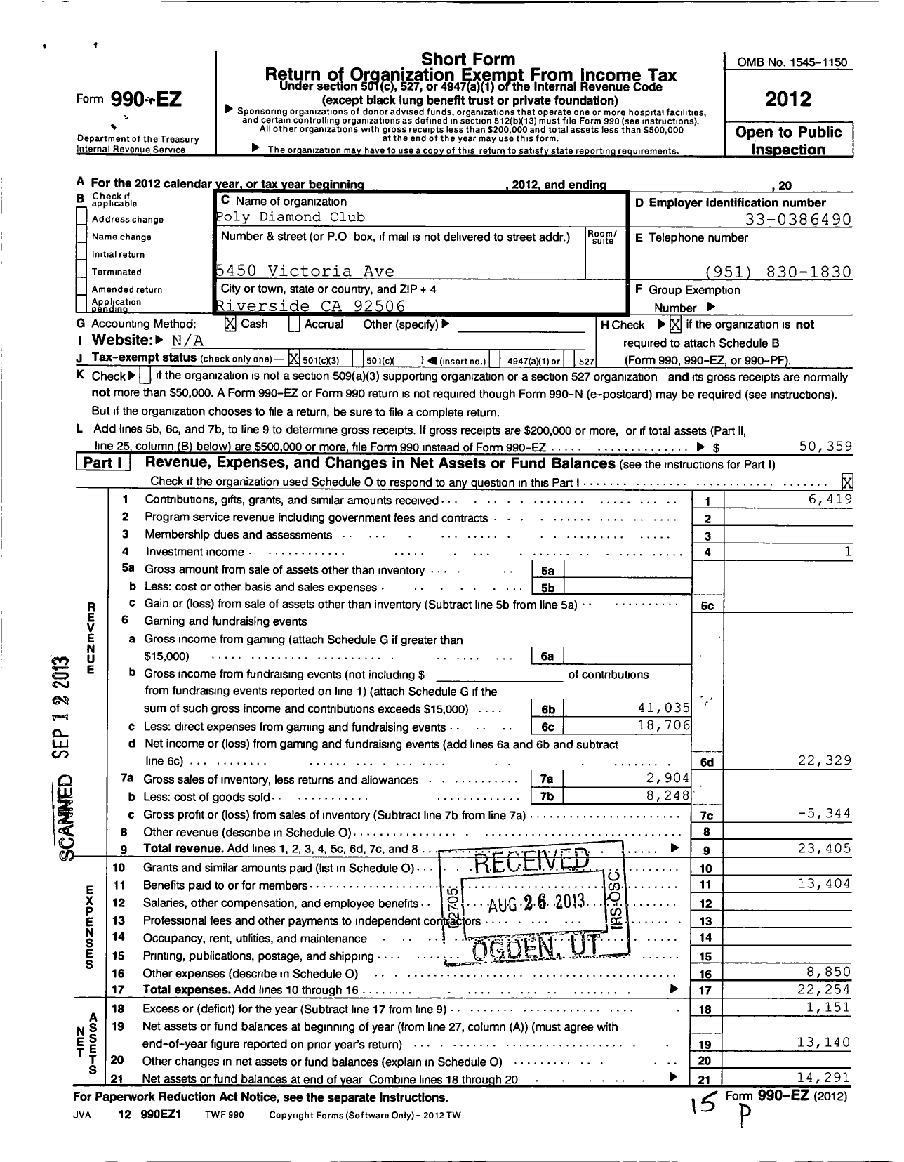 Image of first page of 2012 Form 990EZ for Poly Diamond Club