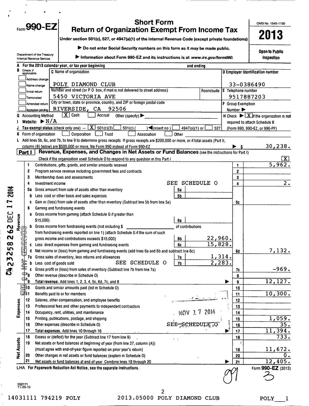 Image of first page of 2013 Form 990EZ for Poly Diamond Club