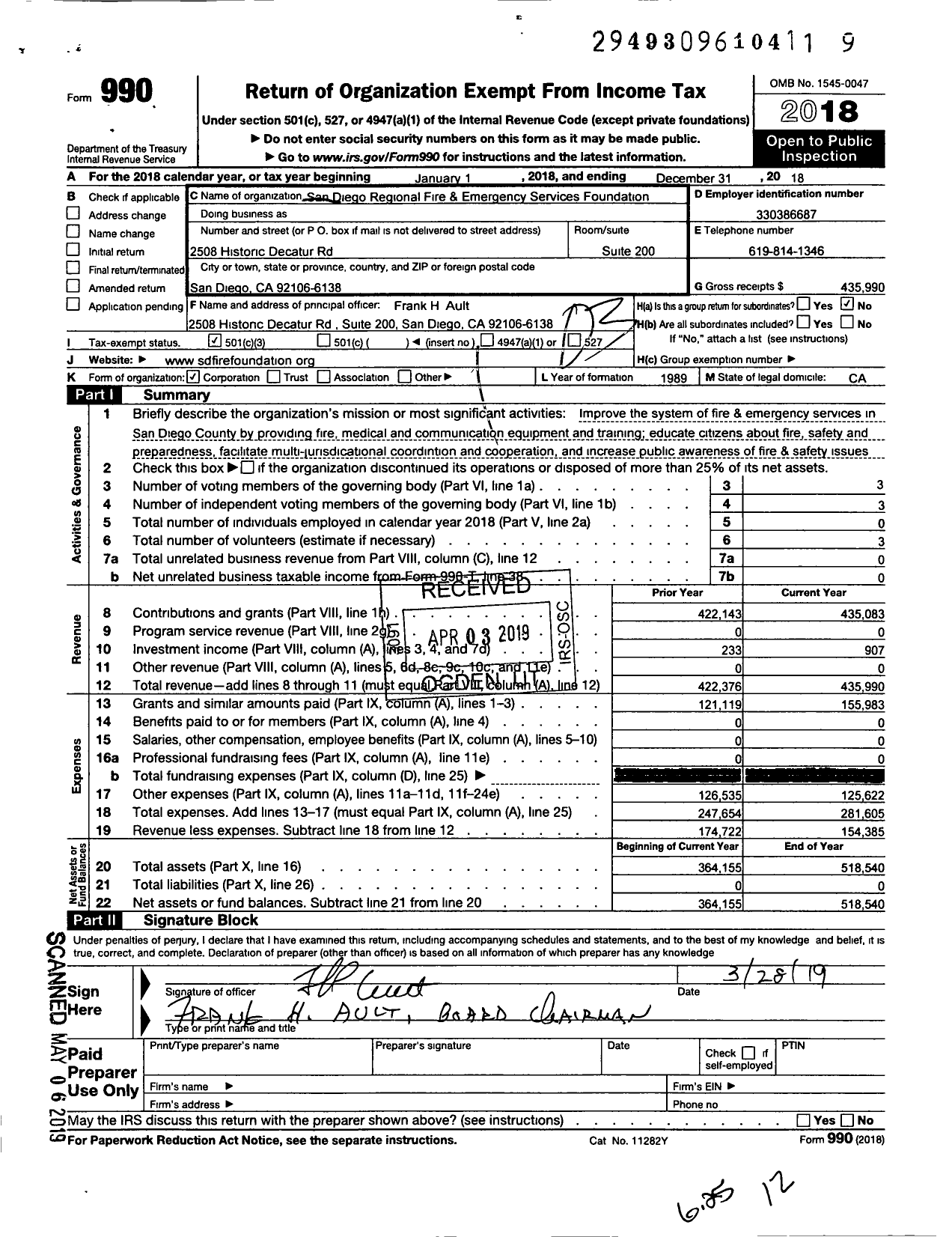 Image of first page of 2018 Form 990 for San Diego Regional Fire and Emergency Services Foundation