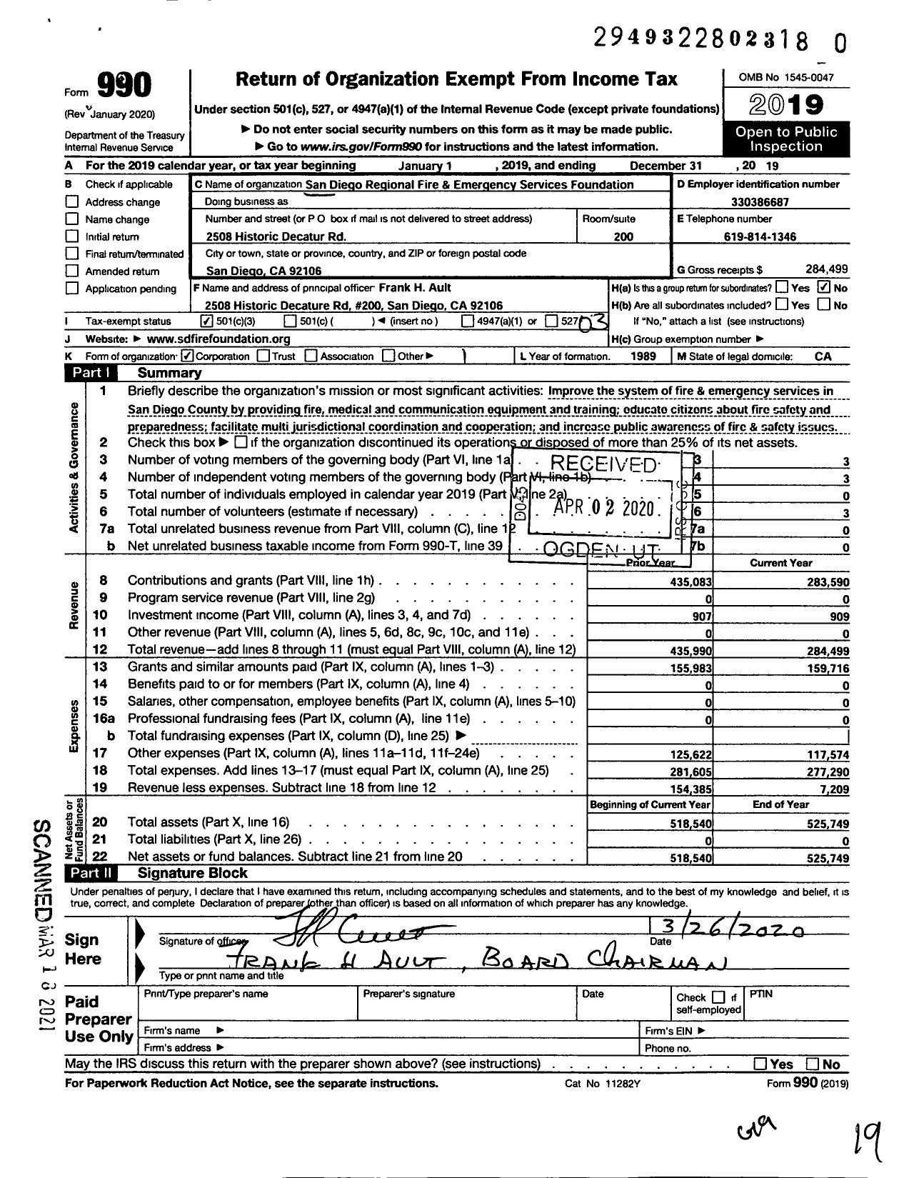 Image of first page of 2019 Form 990 for San Diego Regional Fire and Emergency Services Foundation