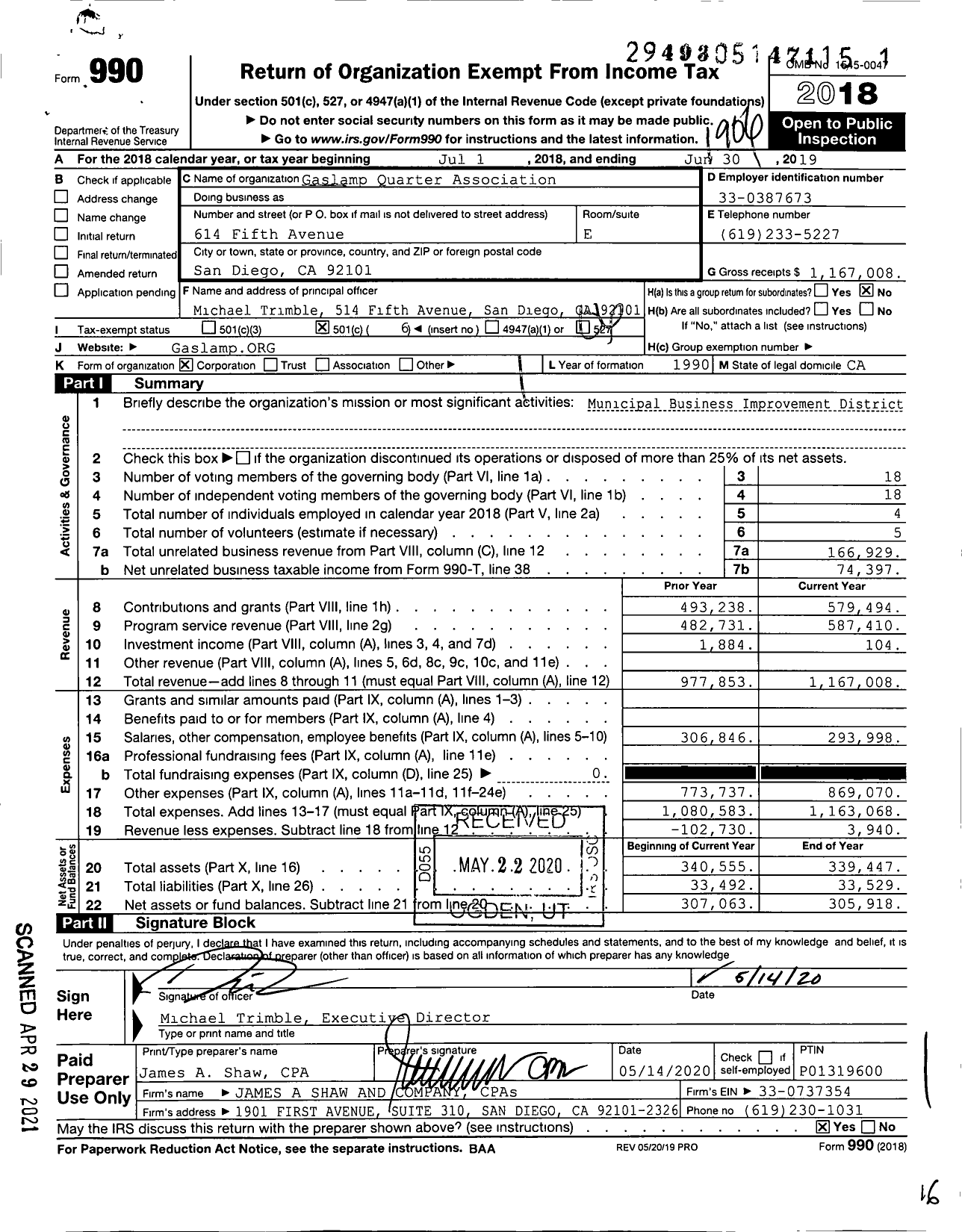 Image of first page of 2018 Form 990O for Gaslamp Quarter Association