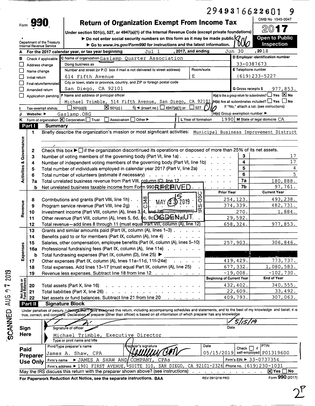 Image of first page of 2017 Form 990O for Gaslamp Quarter Association