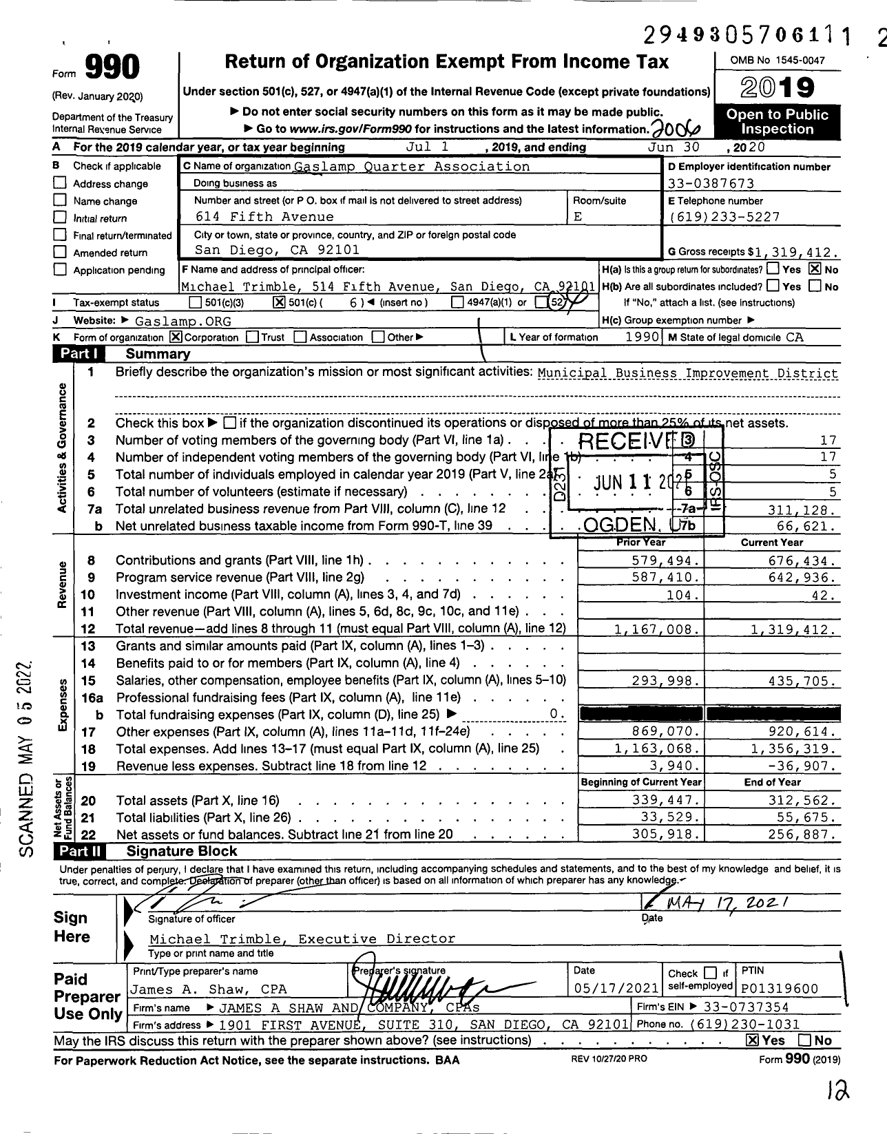 Image of first page of 2019 Form 990O for Gaslamp Quarter Association