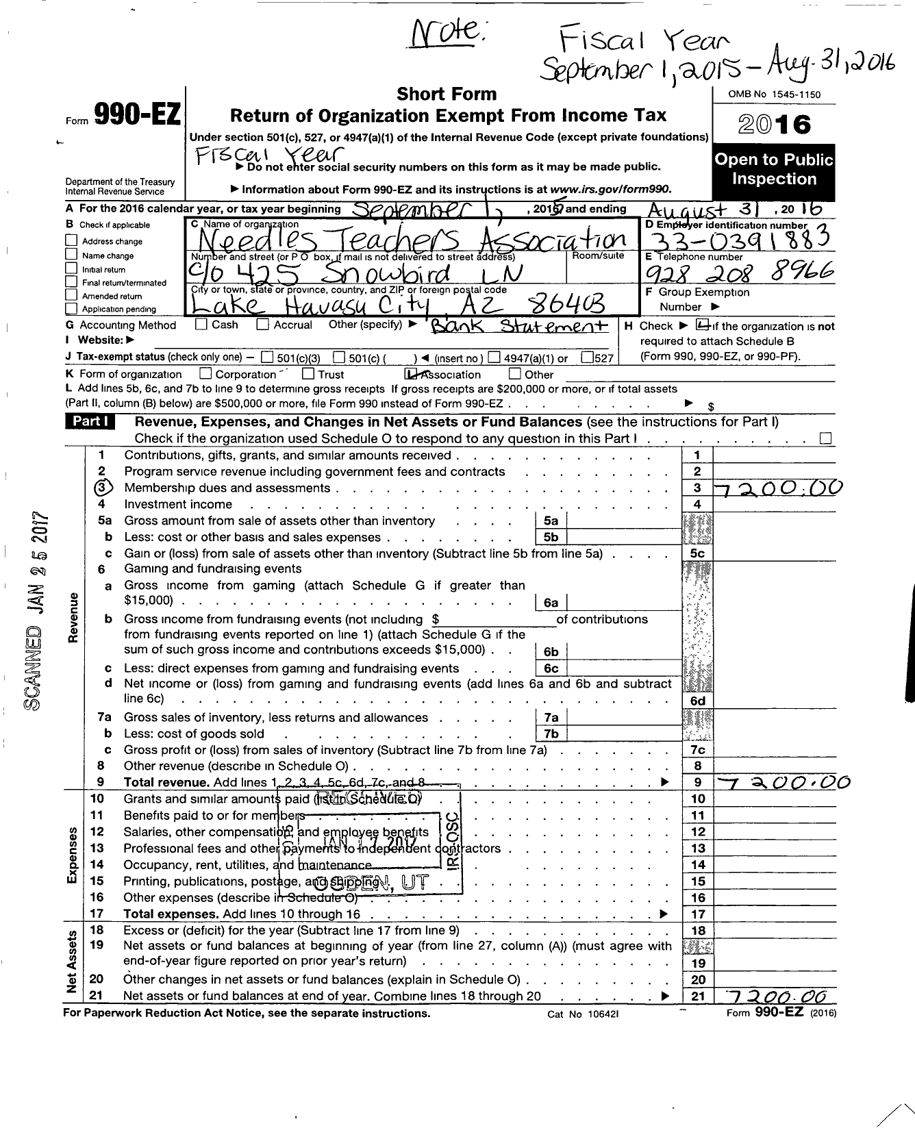 Image of first page of 2015 Form 990EO for California Teachers Association - Needles Teachers Association