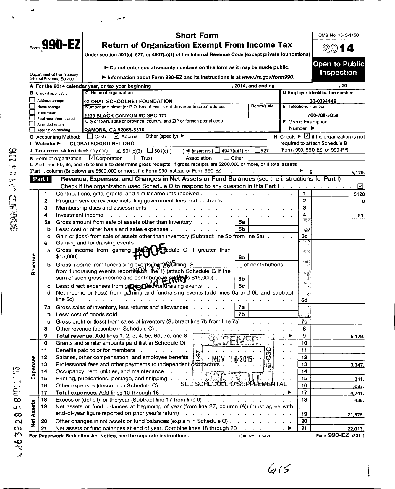 Image of first page of 2014 Form 990EZ for Global School Net Foundation