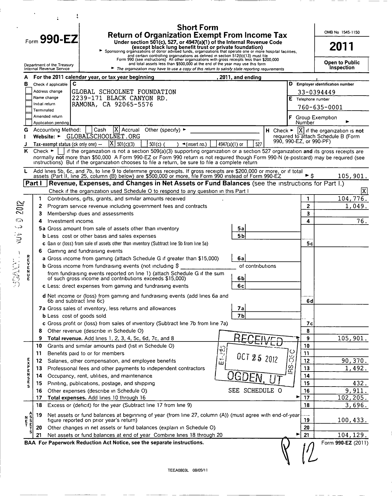 Image of first page of 2011 Form 990EZ for Global School Net Foundation