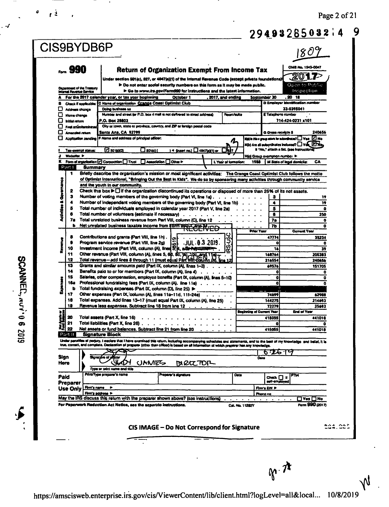 Image of first page of 2017 Form 990 for Oco Club