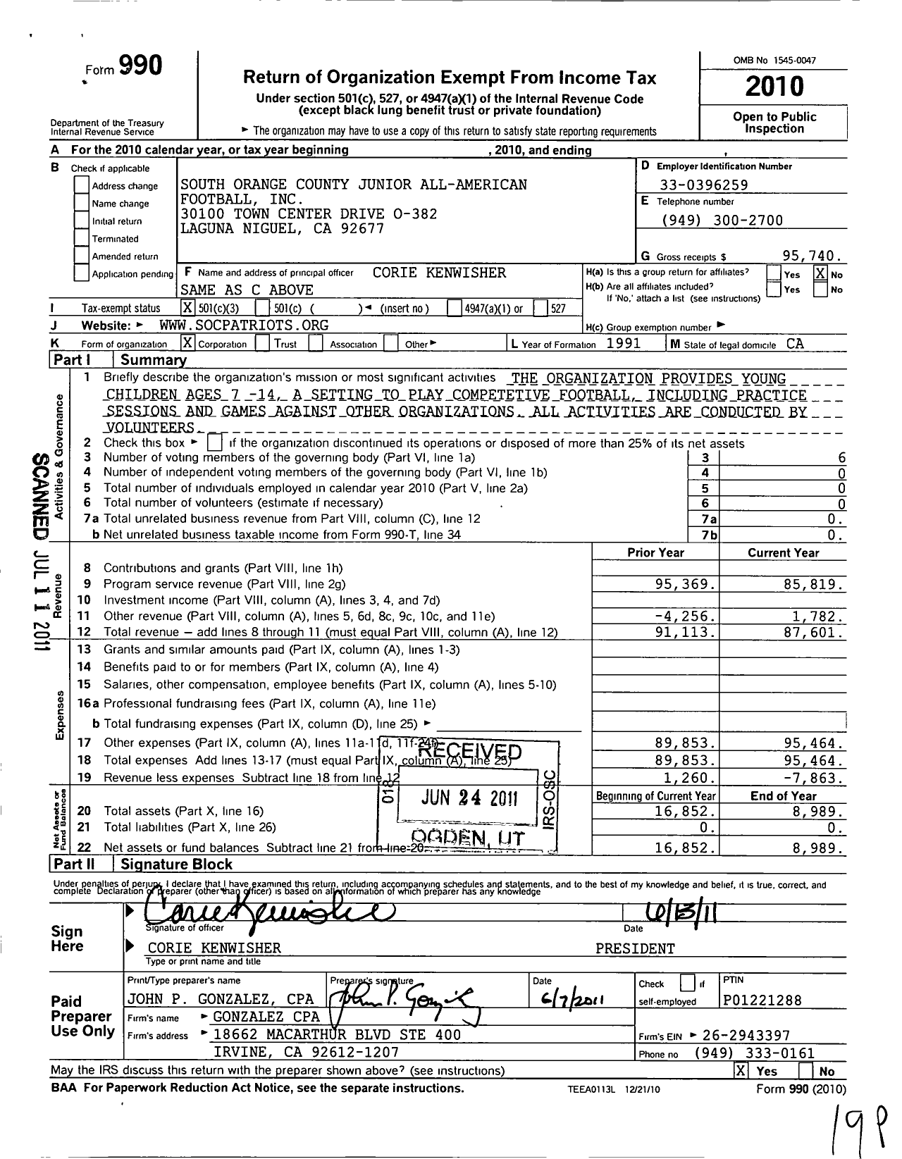 Image of first page of 2010 Form 990 for South Orange County Junior All-American Football