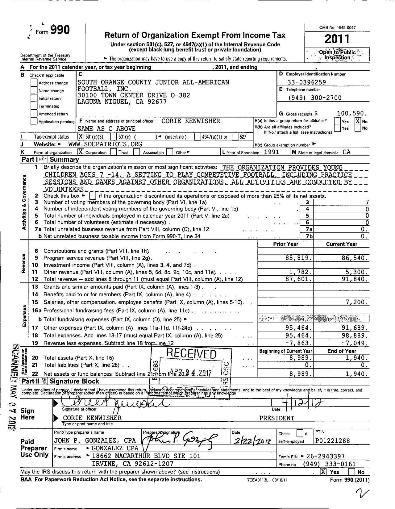 Image of first page of 2011 Form 990 for South Orange County Junior All-American Football