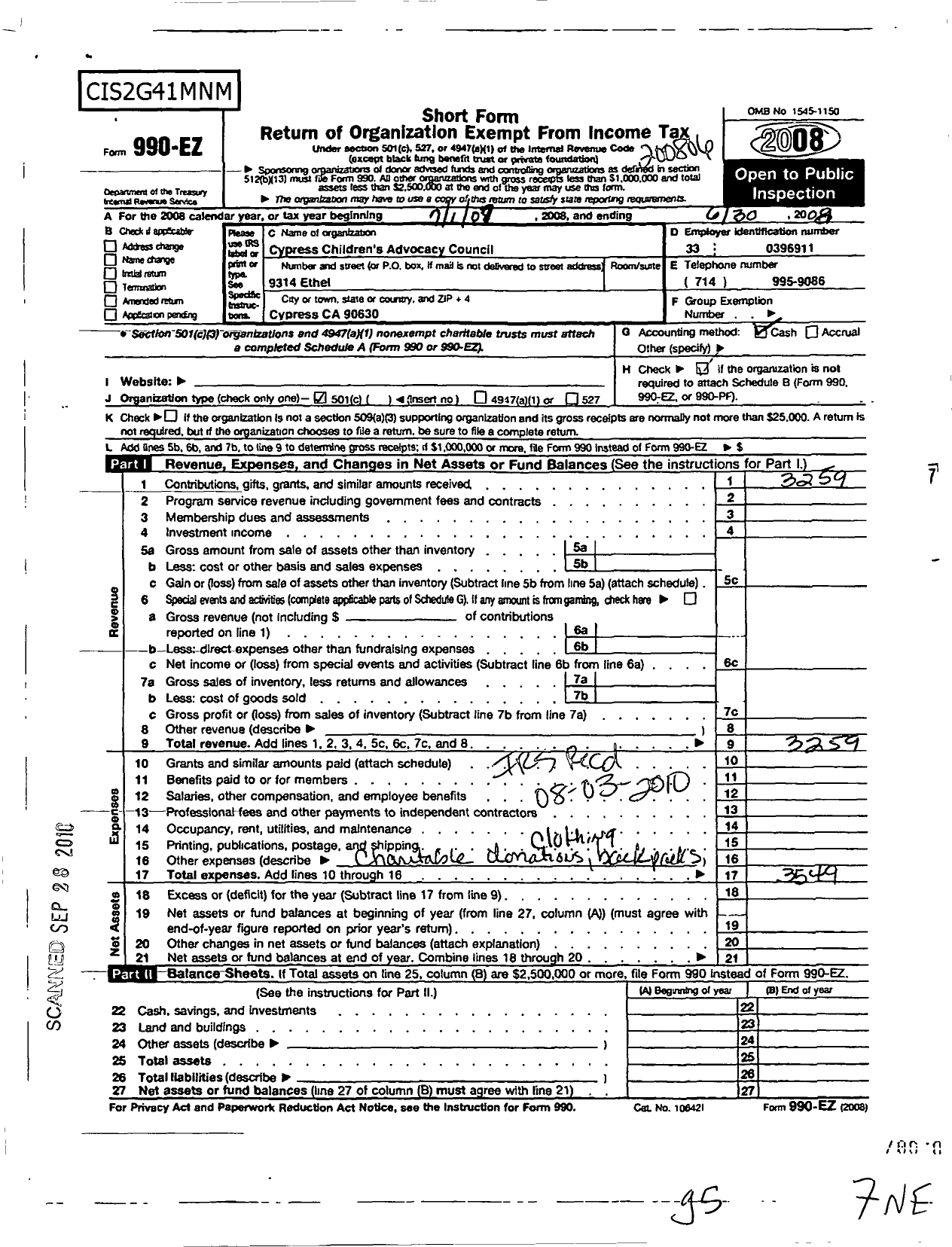 Image of first page of 2007 Form 990EO for Cypress Childrens Advocacy Council