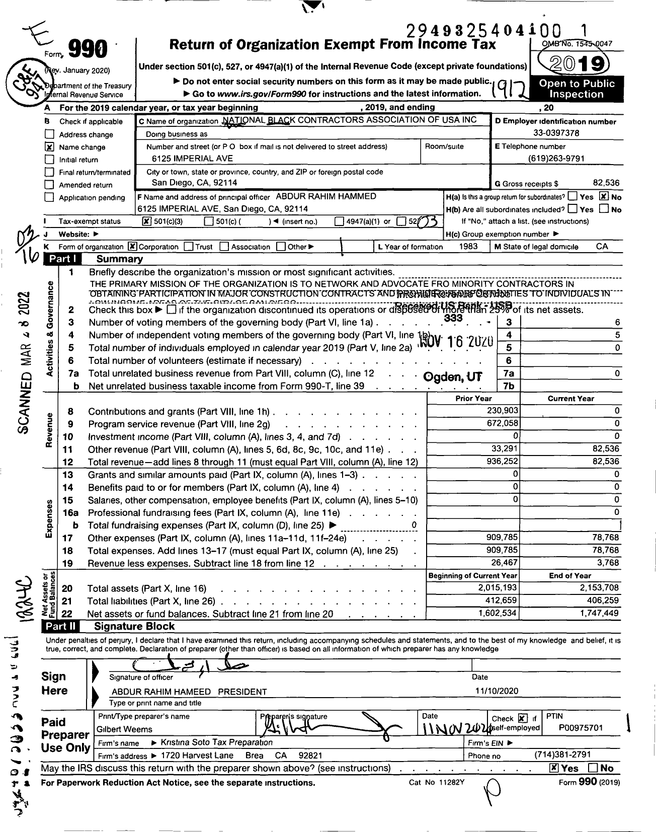 Image of first page of 2019 Form 990 for National Black Contractors Assocation of USA