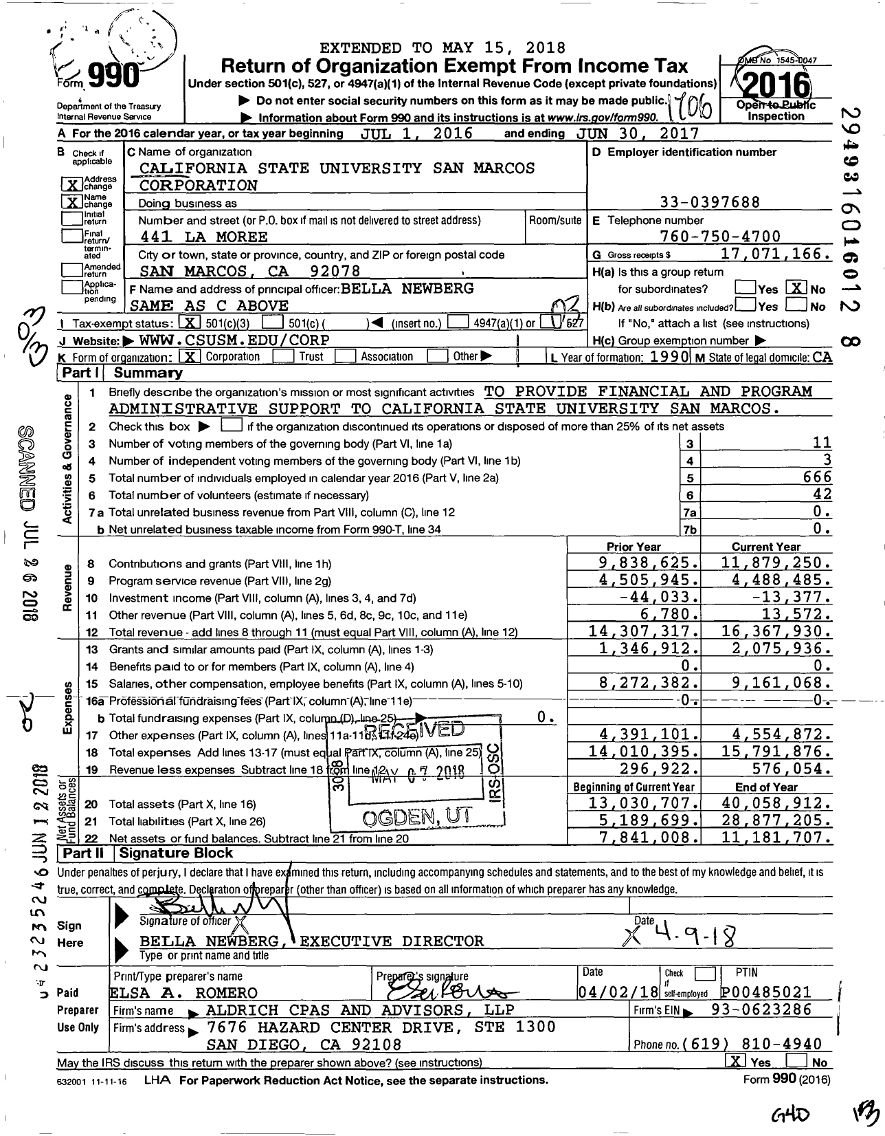 Image of first page of 2016 Form 990 for California State University San Marcos Corporation