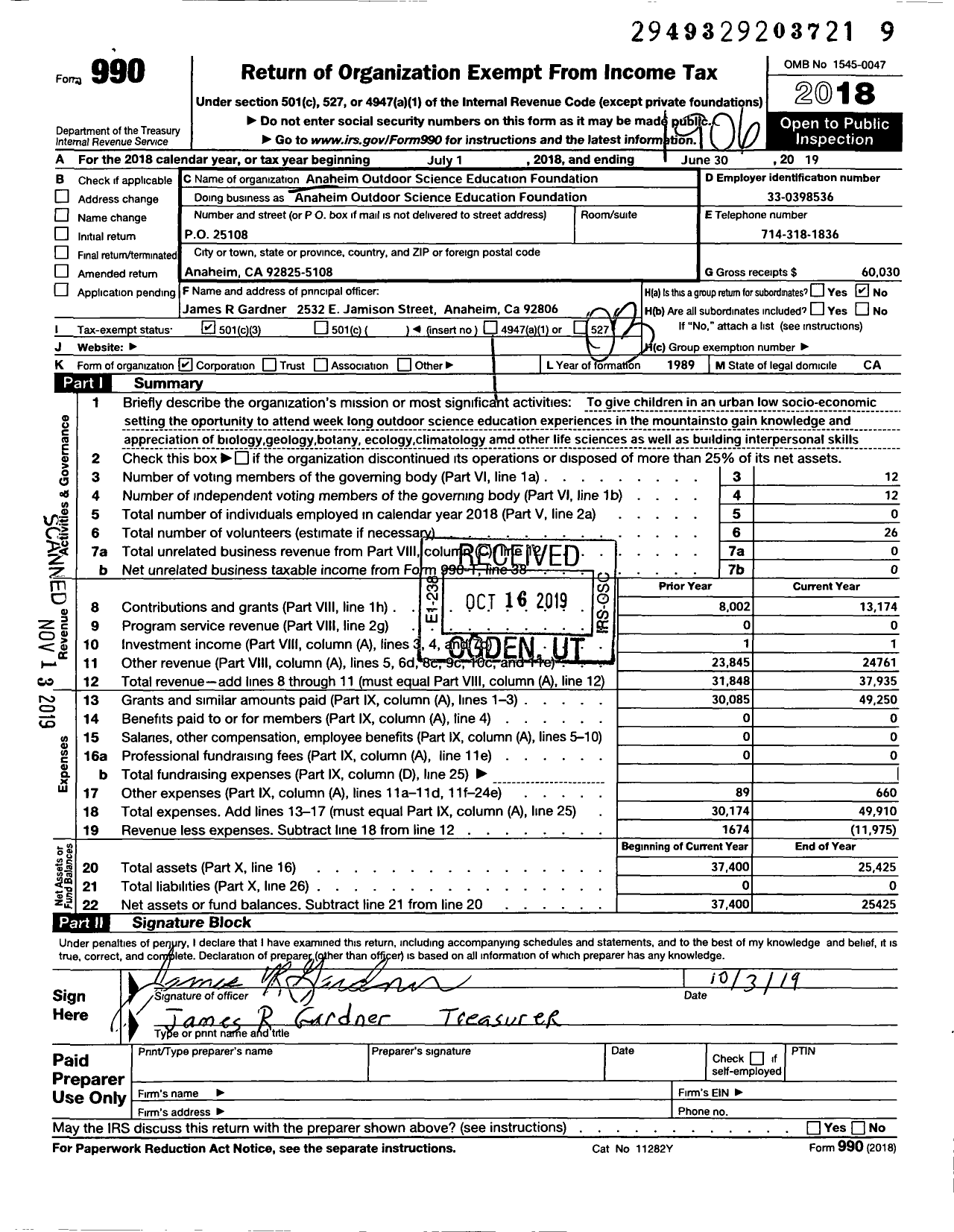 Image of first page of 2018 Form 990 for Anaheim Outdoor Science Education Foundation