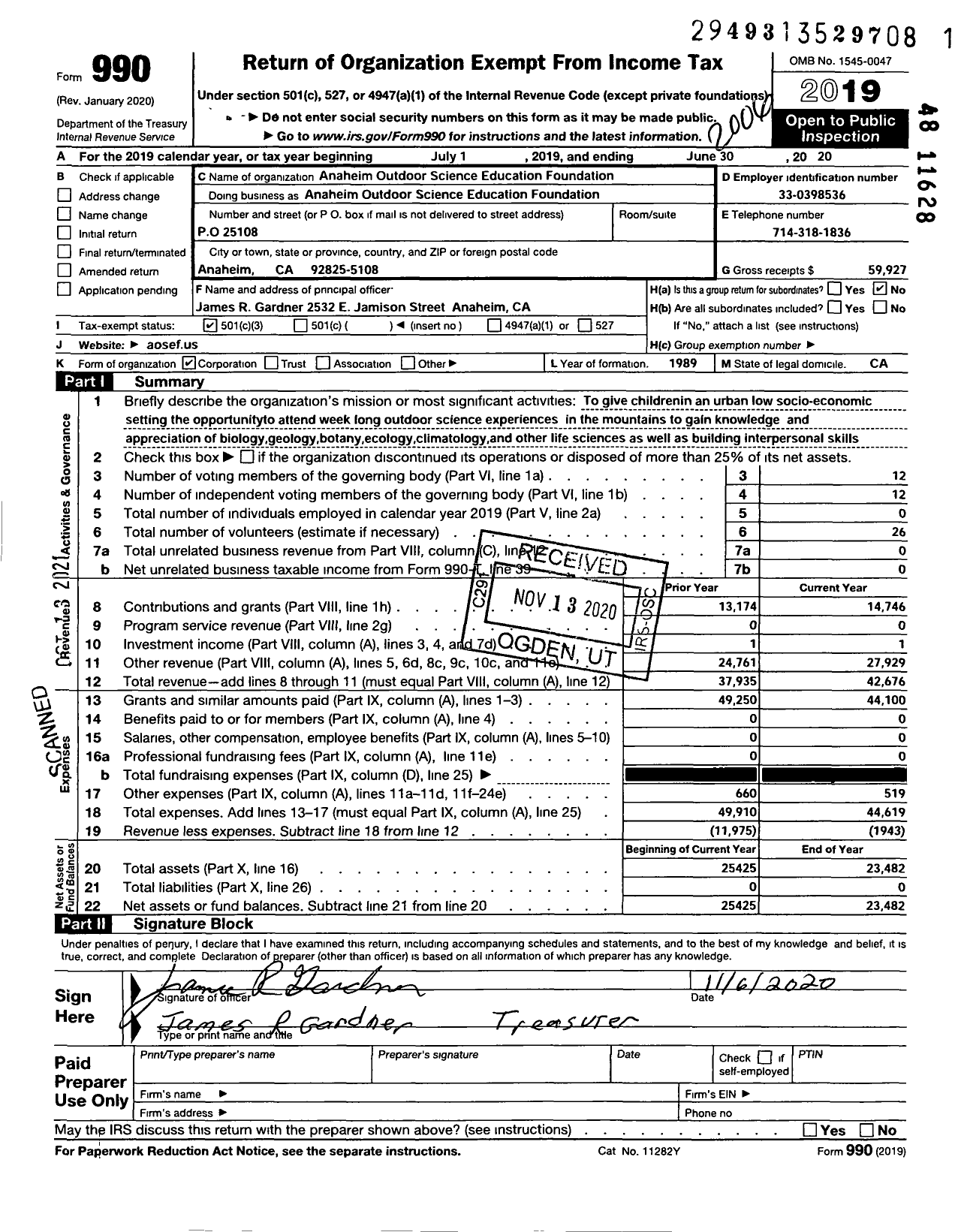 Image of first page of 2019 Form 990 for Anaheim Outdoor Science Education Foundation