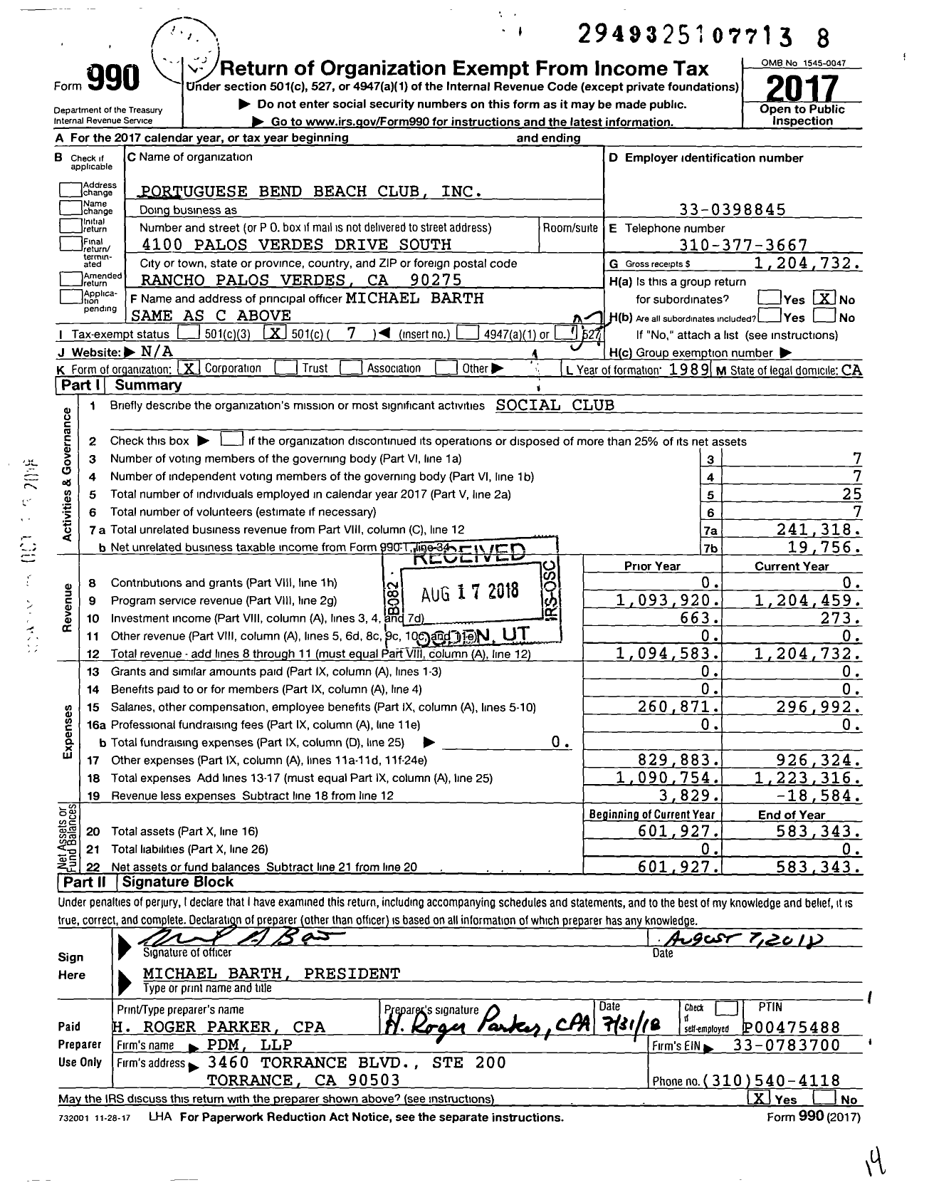 Image of first page of 2017 Form 990O for Portuguese Bend Beach Club