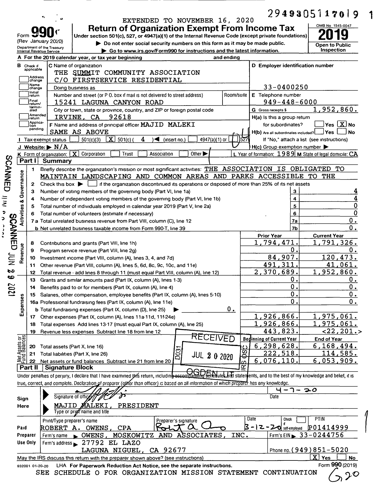 Image of first page of 2019 Form 990O for Summit Community Association