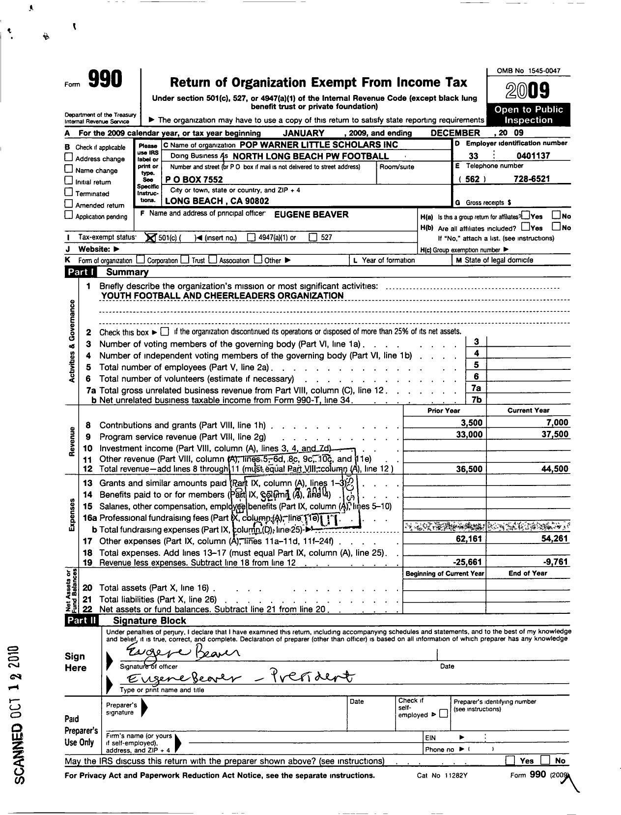 Image of first page of 2009 Form 990O for North Long Beach PW Football