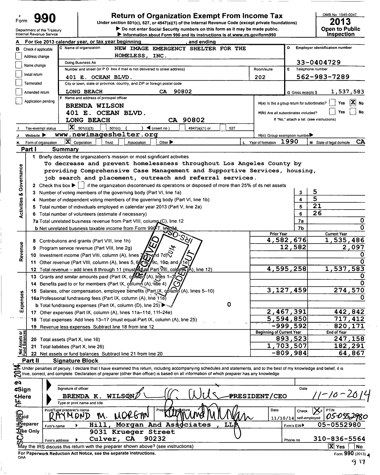 Image of first page of 2013 Form 990 for New Image Emergency Shelter for the Homeless