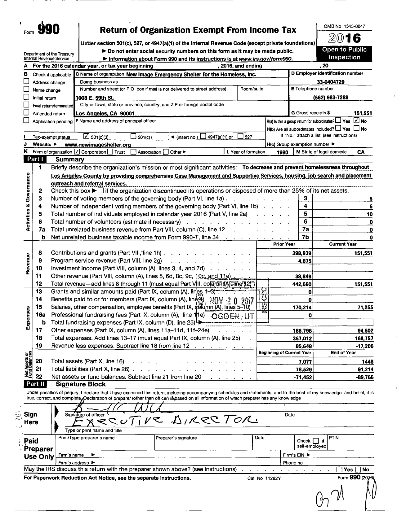 Image of first page of 2016 Form 990 for New Image Emergency Shelter for the Homeless