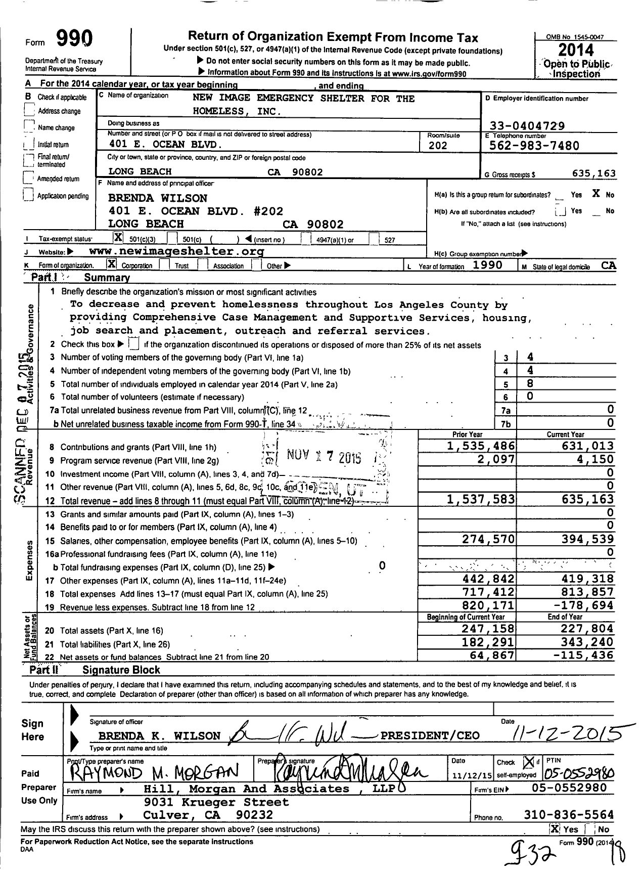 Image of first page of 2014 Form 990 for New Image Emergency Shelter for the Homeless