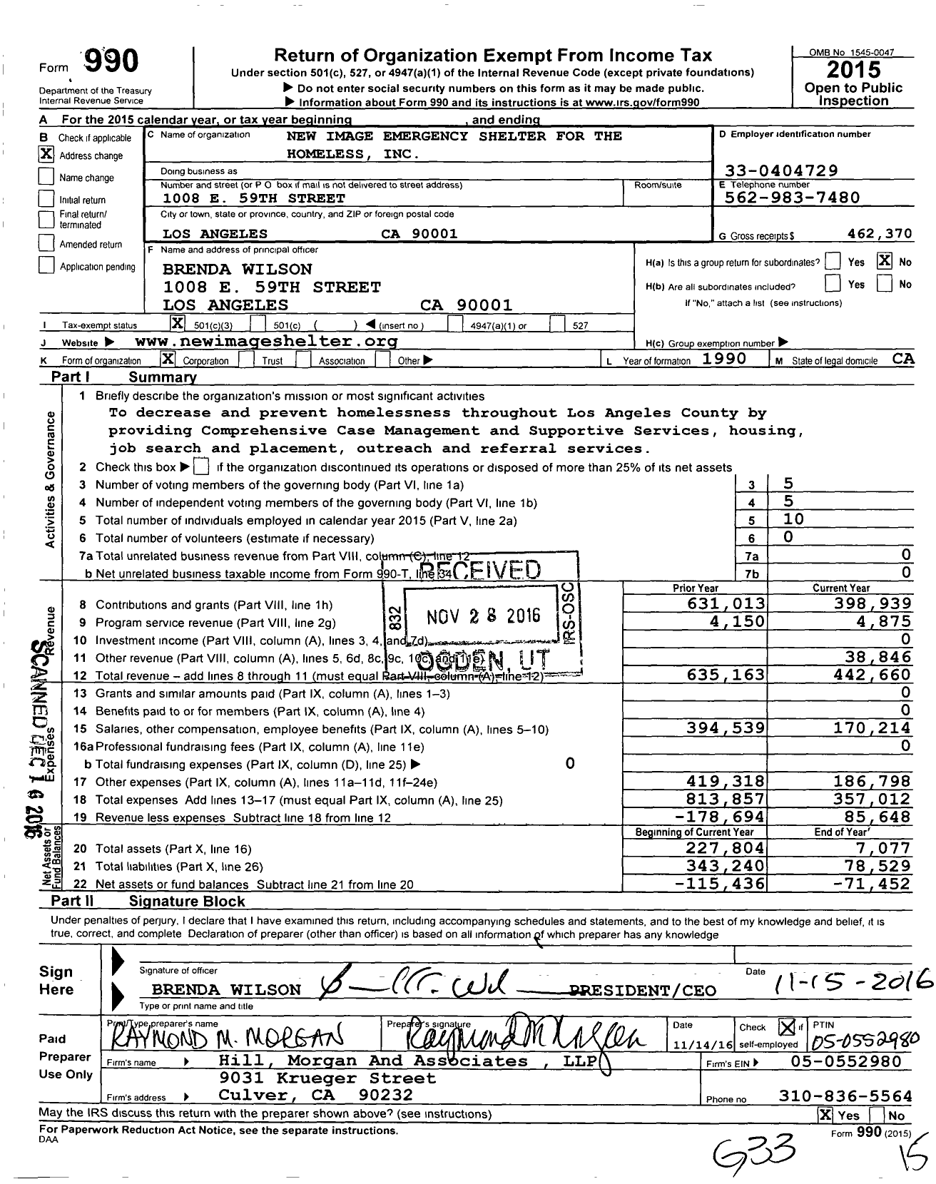 Image of first page of 2015 Form 990 for New Image Emergency Shelter for the Homeless