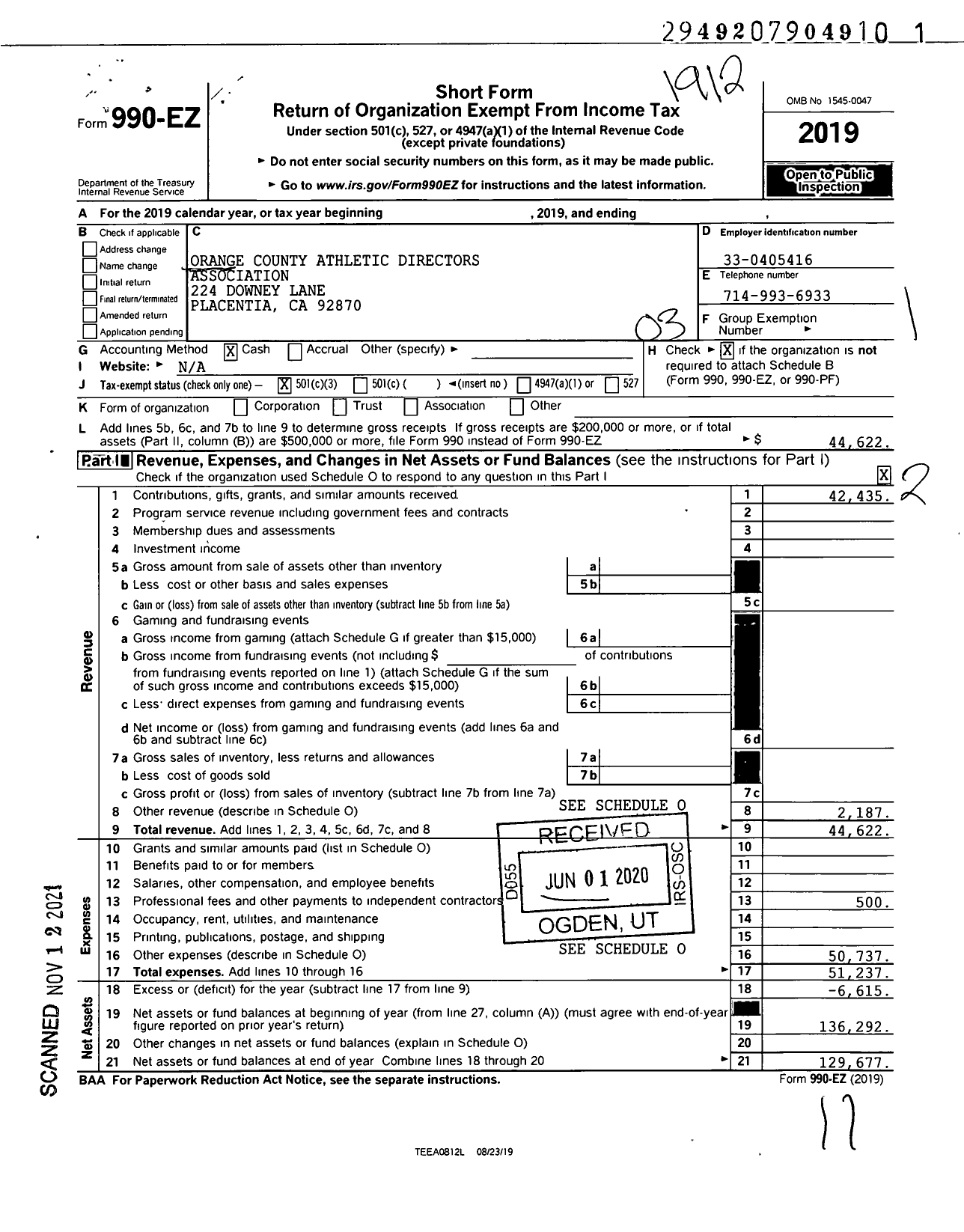 Image of first page of 2019 Form 990EZ for Orange County Athletic Directors Association