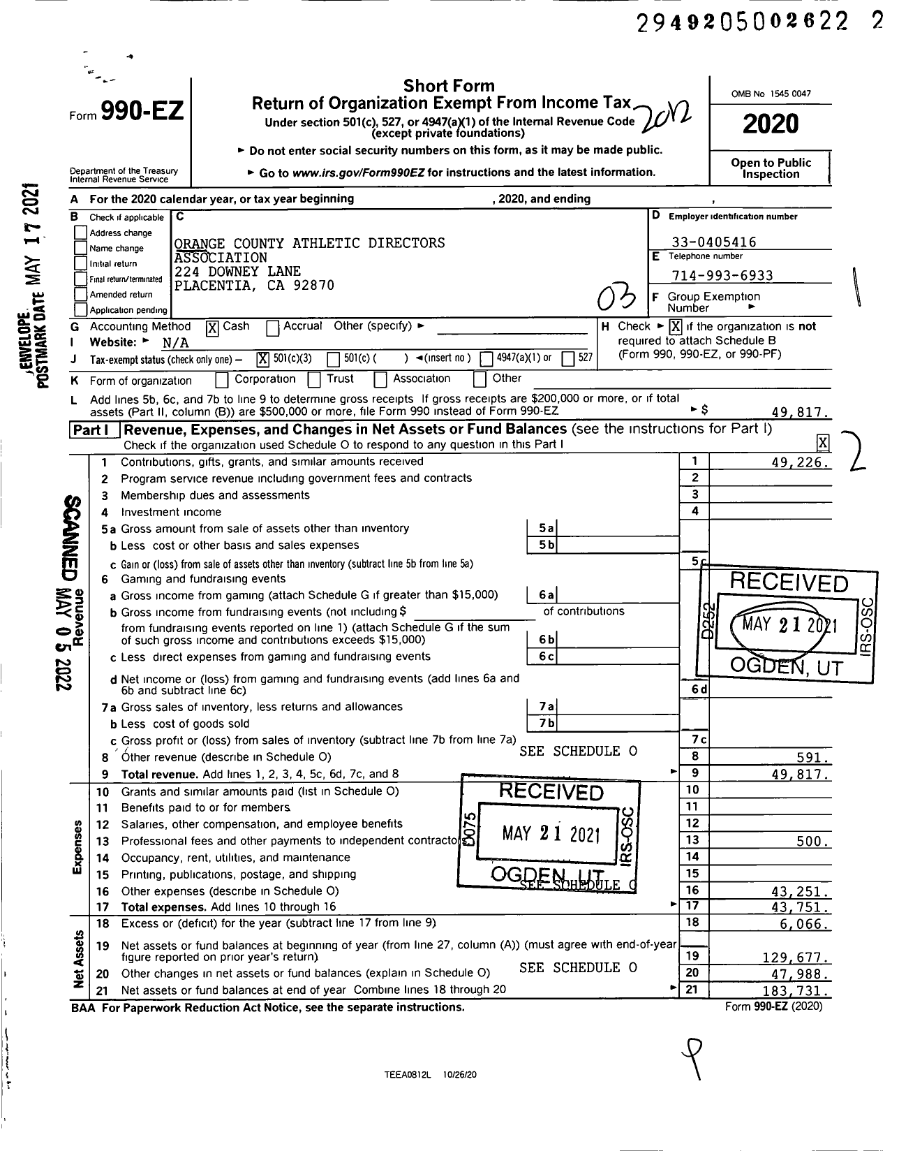 Image of first page of 2020 Form 990EZ for Orange County Athletic Directors Association