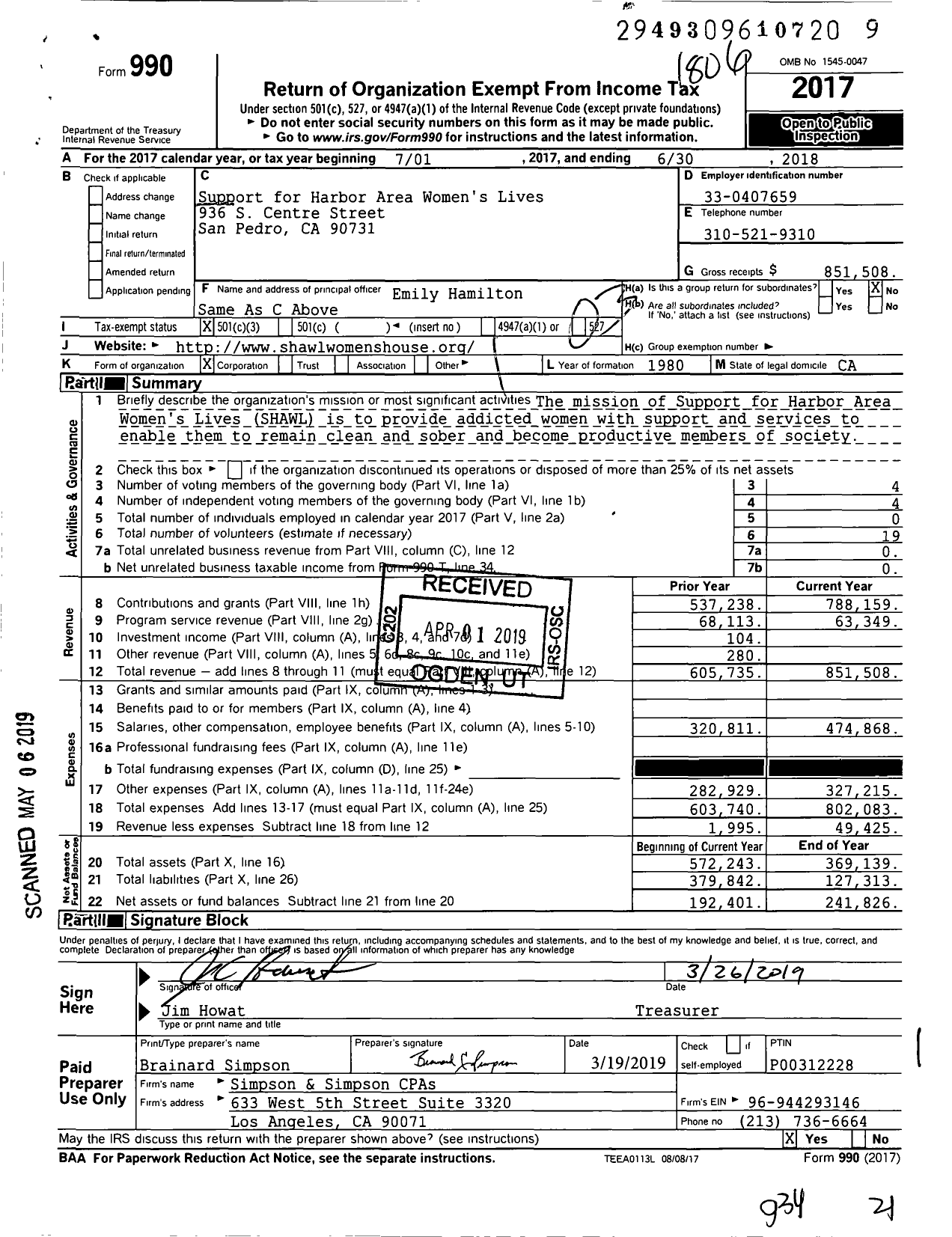 Image of first page of 2017 Form 990 for Volunteers of America - Support for Harbor Area Womens Live