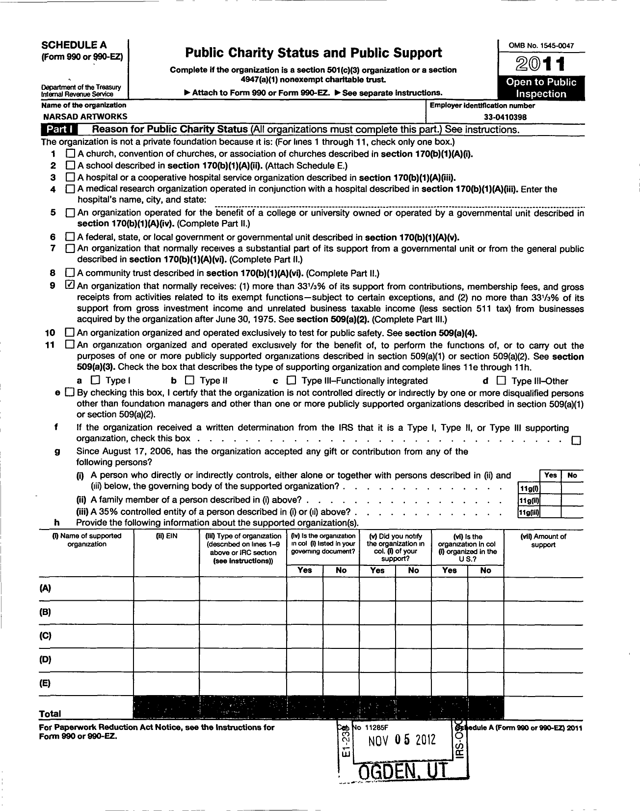 Image of first page of 2011 Form 990ER for Narsad Artworks